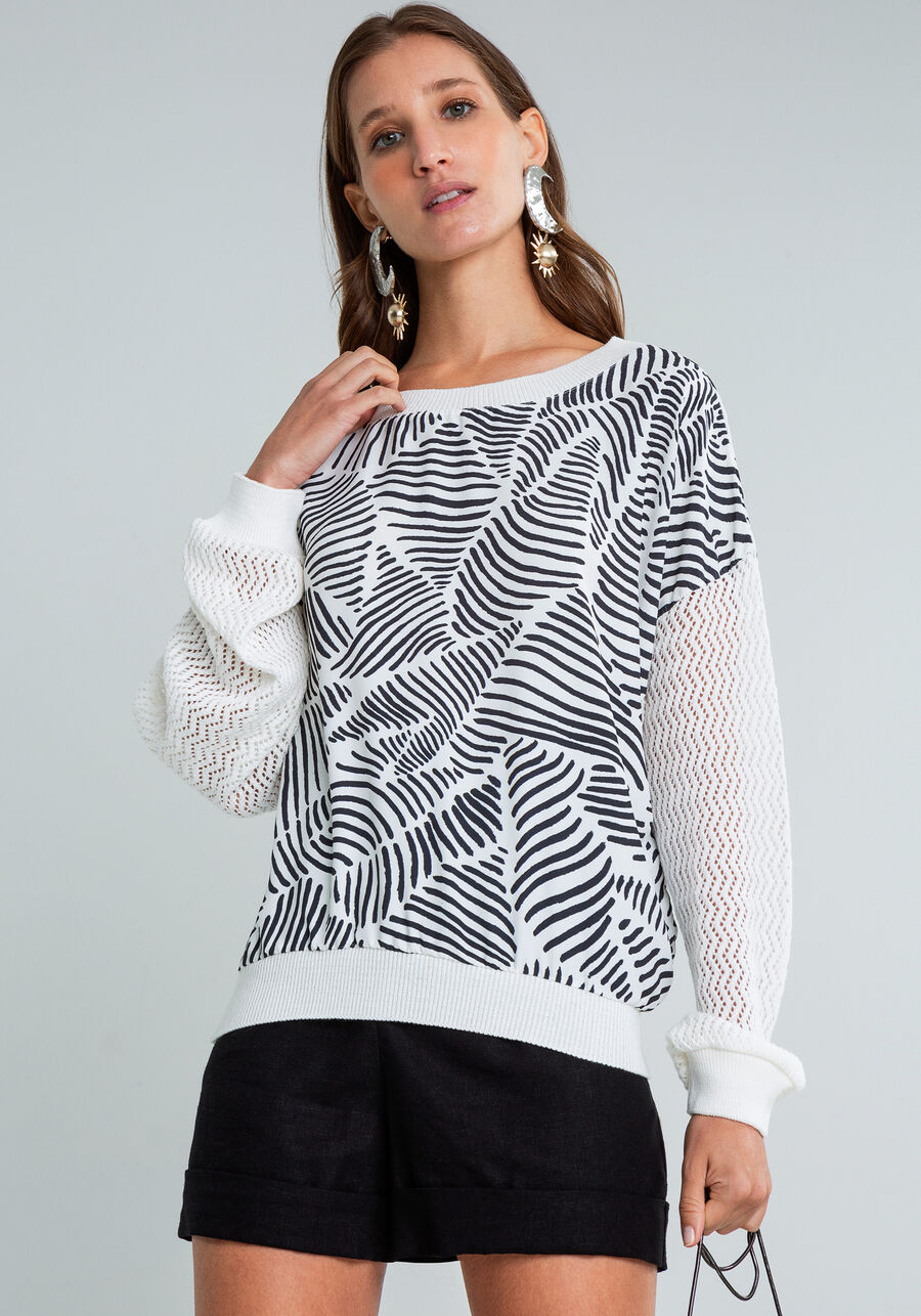 Blusa Manga Longa Tricô Estampada, BRANCO OFF WHITE. Blusa Manga Longa Tricô Estampada, BRANCO OFF WHITE, large.
