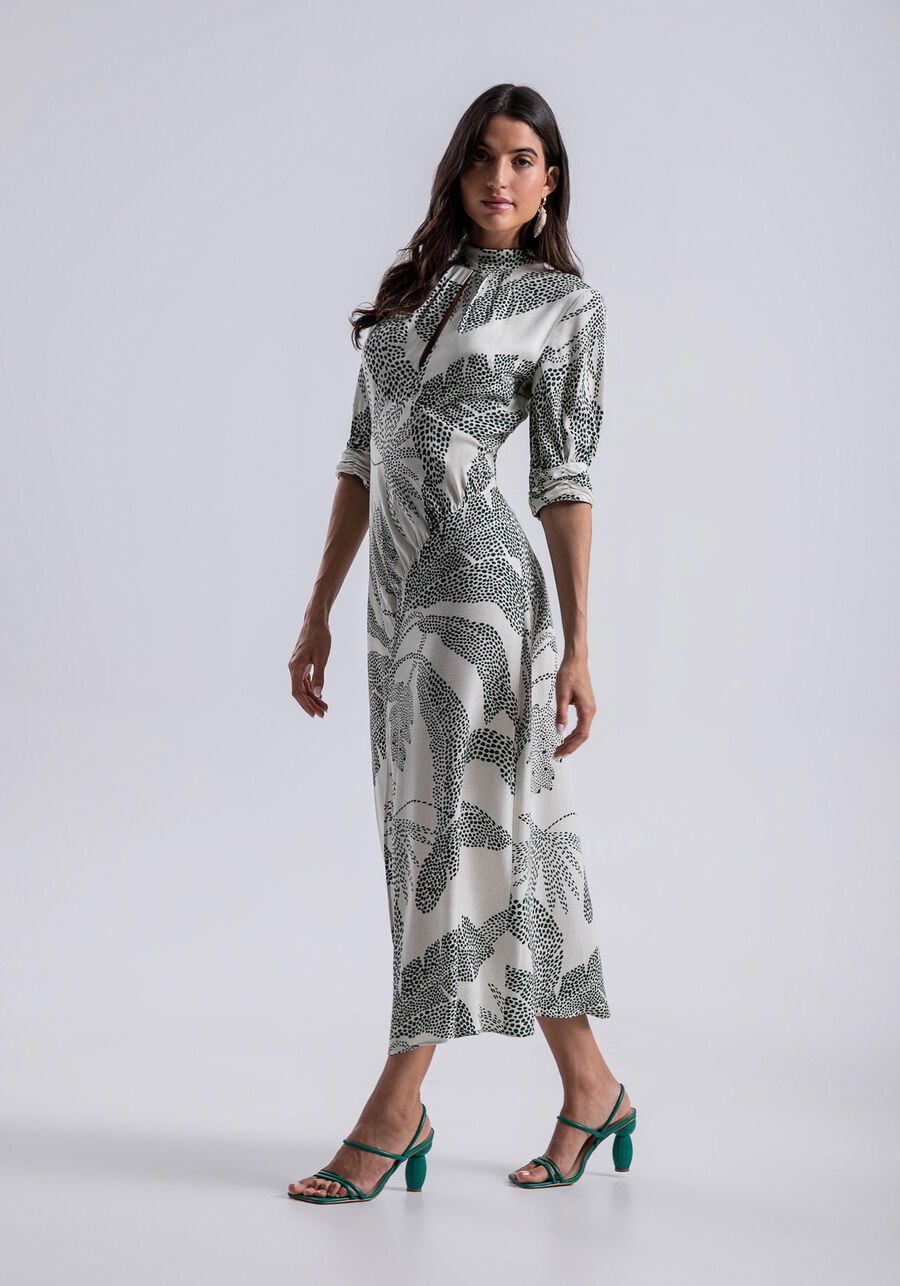 Vestido Midi Gola Alta Franzido e Fenda, VEREDAS. Vestido Midi Gola Alta Franzido e Fenda, VEREDAS, large.