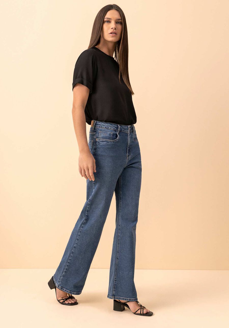 Calça Jeans Wide Leg Comfort Com Elastano E Cintura Alta, JEANS ESCURO. Calça Jeans Wide Leg Comfort Com Elastano E Cintura Alta, JEANS ESCURO, large.