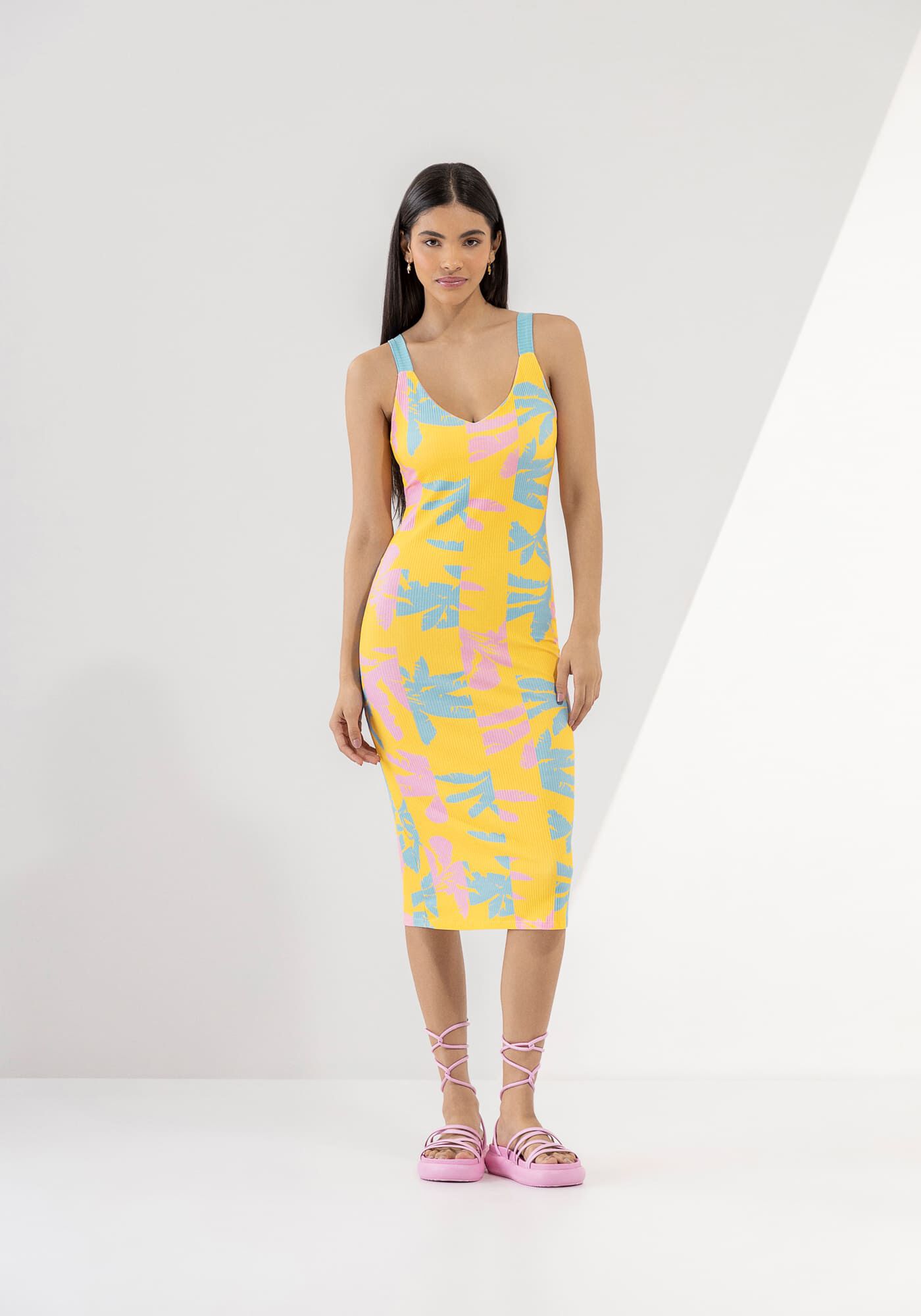 Vestido Midi Canelado Estampado com Decote V, , large.