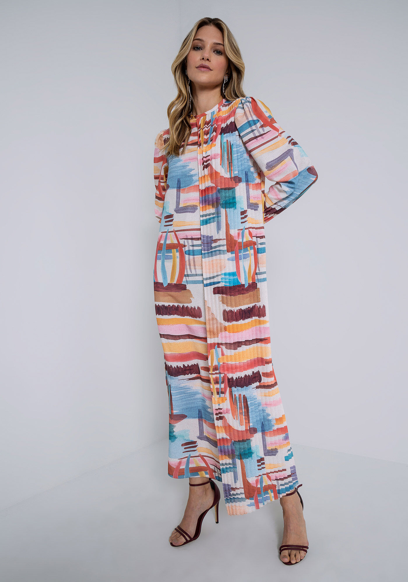 Vestido Midi em Tecido Poly com Recorte Plissado, , large.