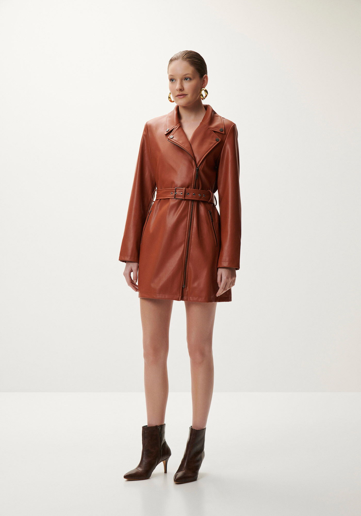 Sobretudo em PU com Cinto, CARAMELO, large.