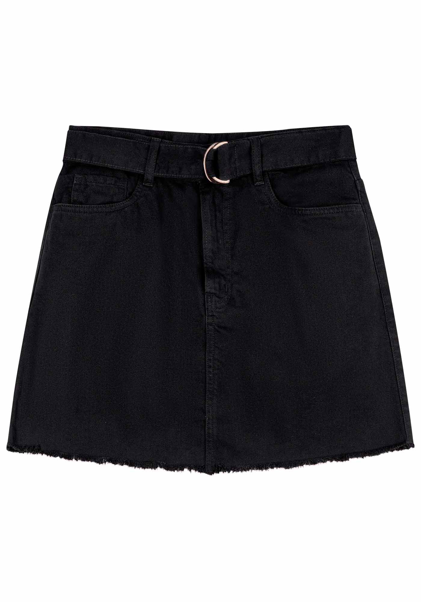 Saia Sarja Curta Cintura Alta com Cinto, PRETO REATIVO, large.