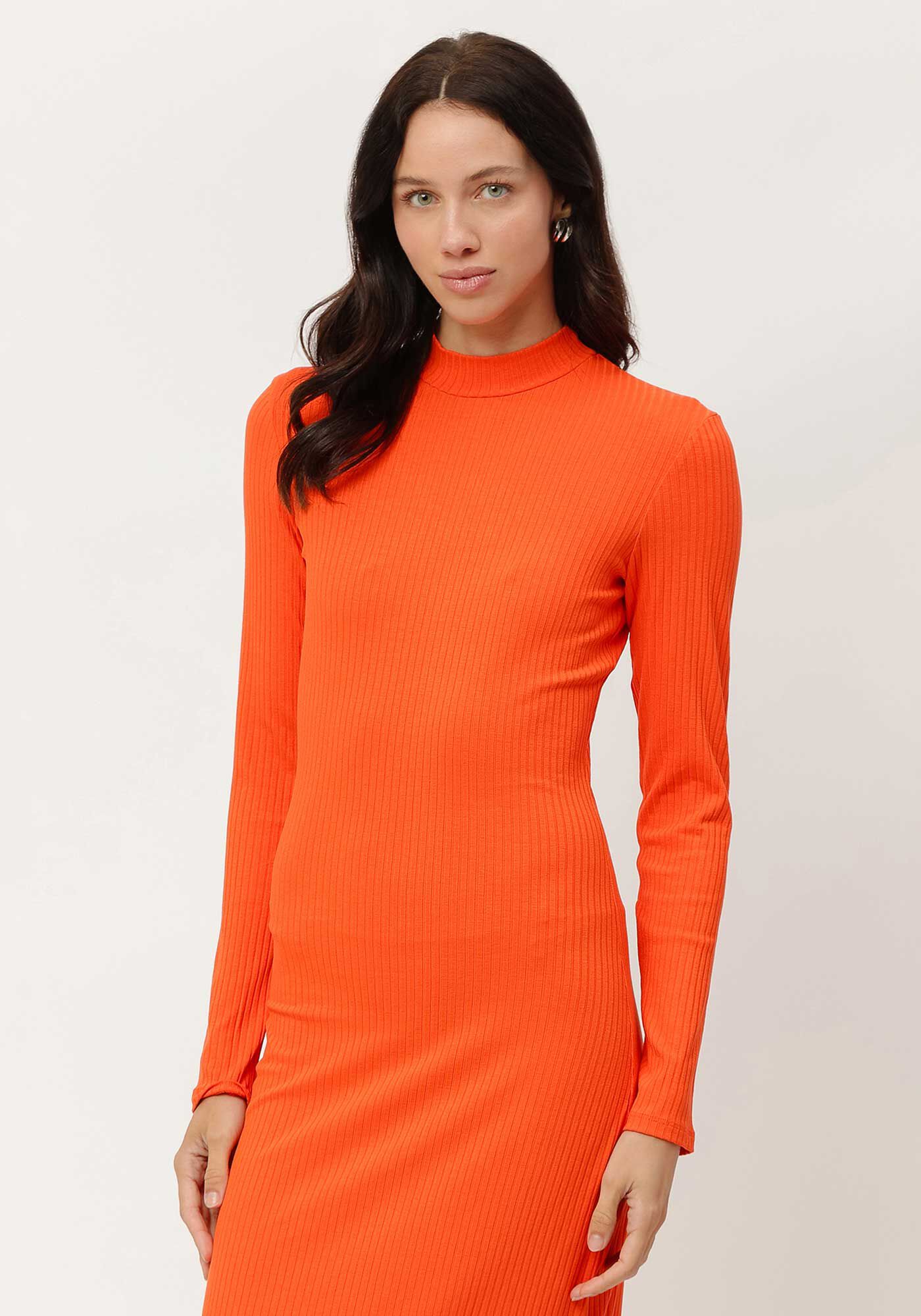 Vestido Midi Manga Longa Canelado com Gola Alta, , large.