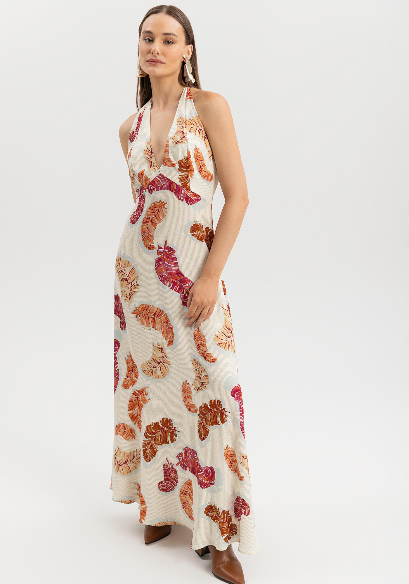 Vestido Longo Estampado Frente &Uacute;nica Com Decote Em V, BANANEIRA BEGE, large.