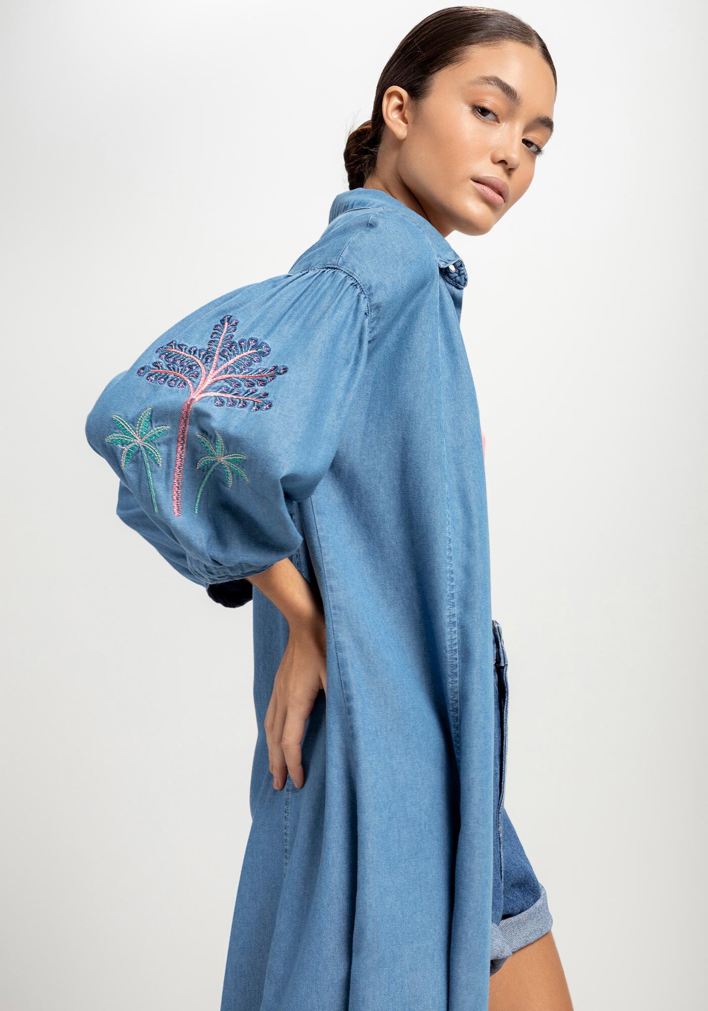 Vestido Jeans Midi Chemise com Bordado, JEANS, large.