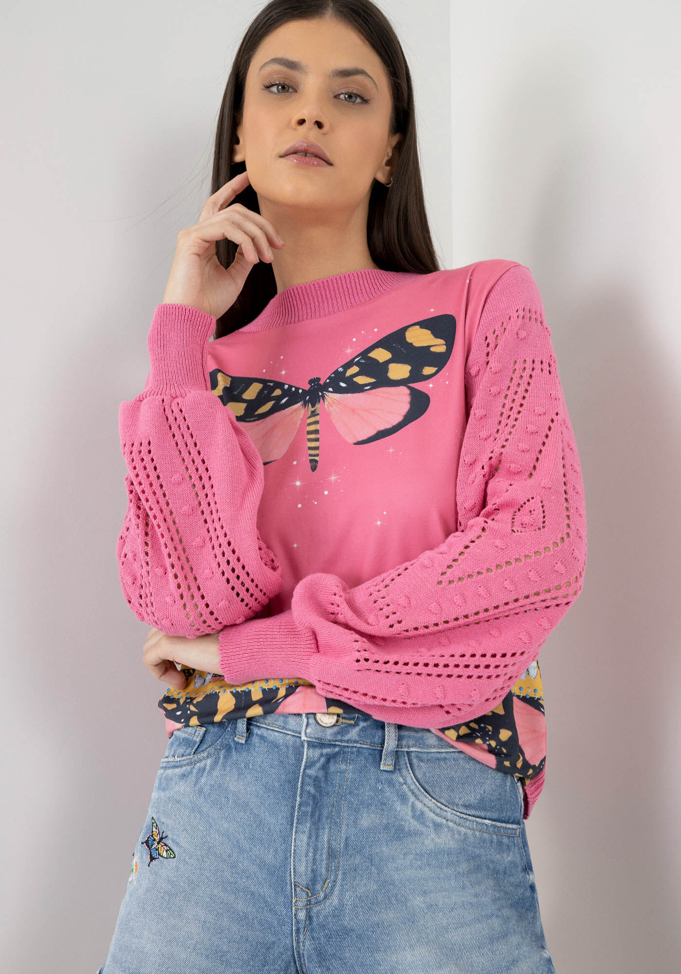 Blusa Estampada com Mangas Longas em Tric&ocirc;, , large.