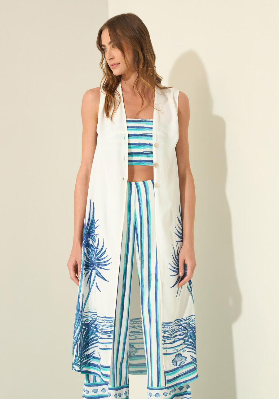 Blusa Alongada Estampada Com Top E Botões, MARE BEGE. Blusa Alongada Estampada Com Top E Botões, MARE BEGE, large.