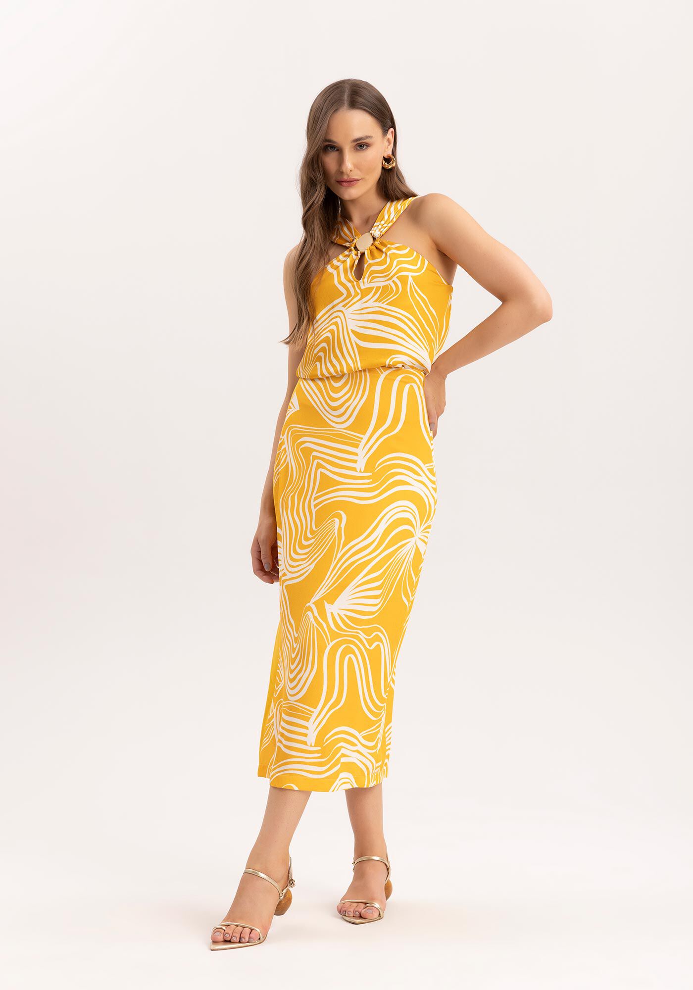 Saia Midi em Crepe Estampada com Recorte Lateral, , large.