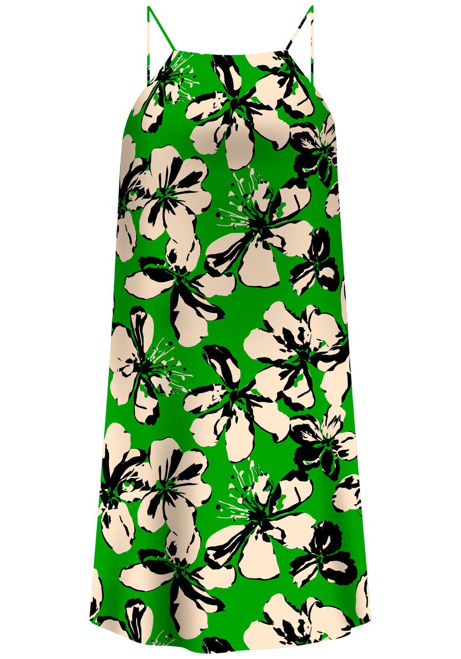 Vestido Curto Halter Neck em Viscose Estampada, . Vestido Curto Halter Neck em Viscose Estampada, , large.
