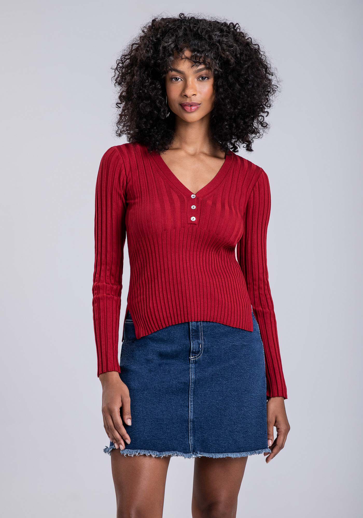 Blusa Manga Longa em Tric&ocirc; com Bot&otilde;es, , large.