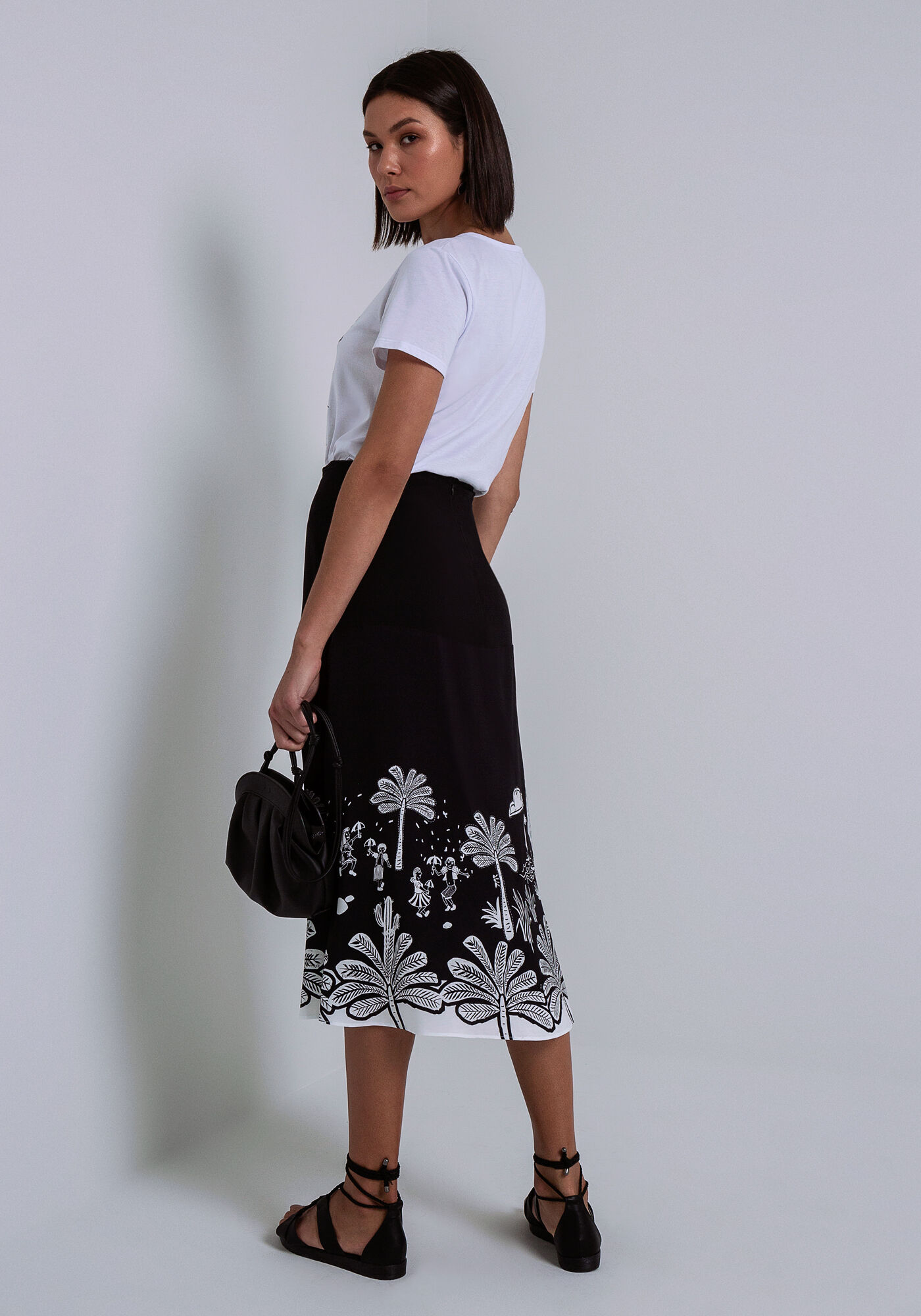 Saia Midi em Viscose Evas&ecirc;, XILOGRAVURA, large.