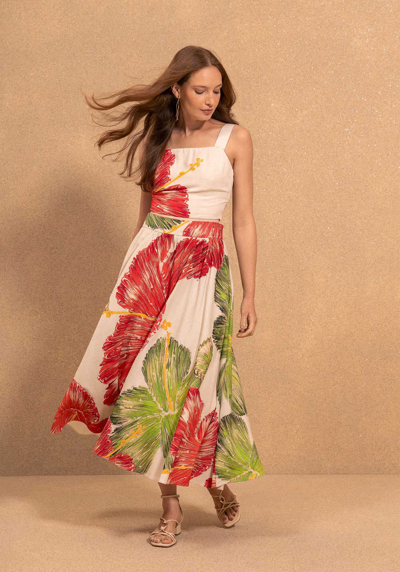 Saia Midi Ampla De Cintura Alta Estampada, HIBISCOS BEGE, large.