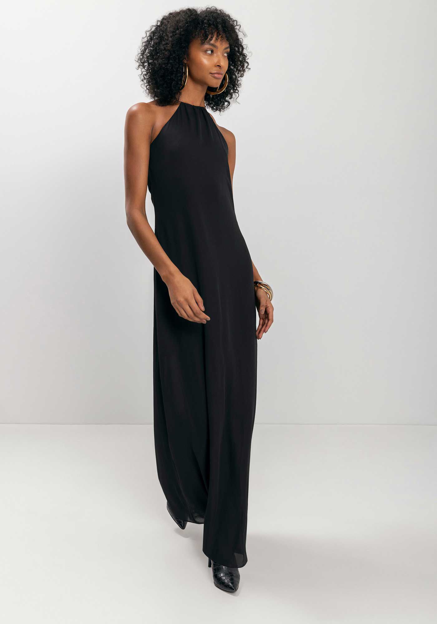 Vestido Longo Fluido Com Argola Metalizada, PRETO, large.