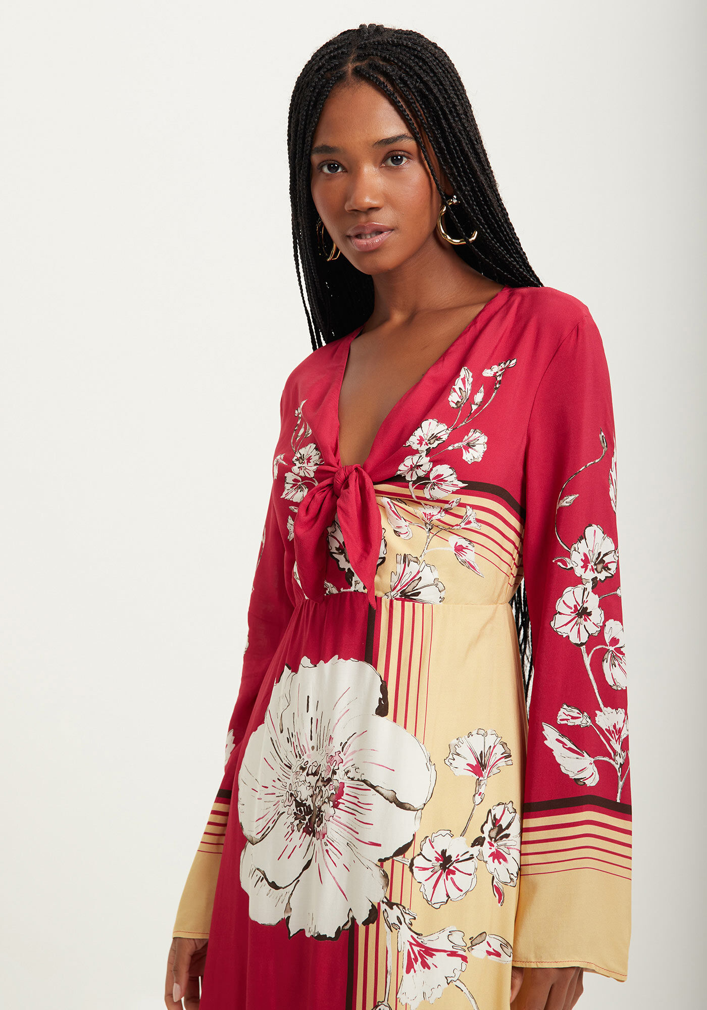 Vestido Longo Evas&ecirc; Estampado Com Manga Longa E N&oacute;, LILY VERMELHO, large.