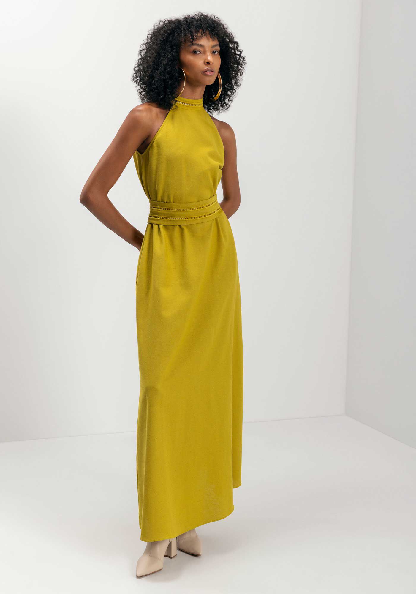 Vestido Longo Com Gola Alta Bordada E Cinto, , large.