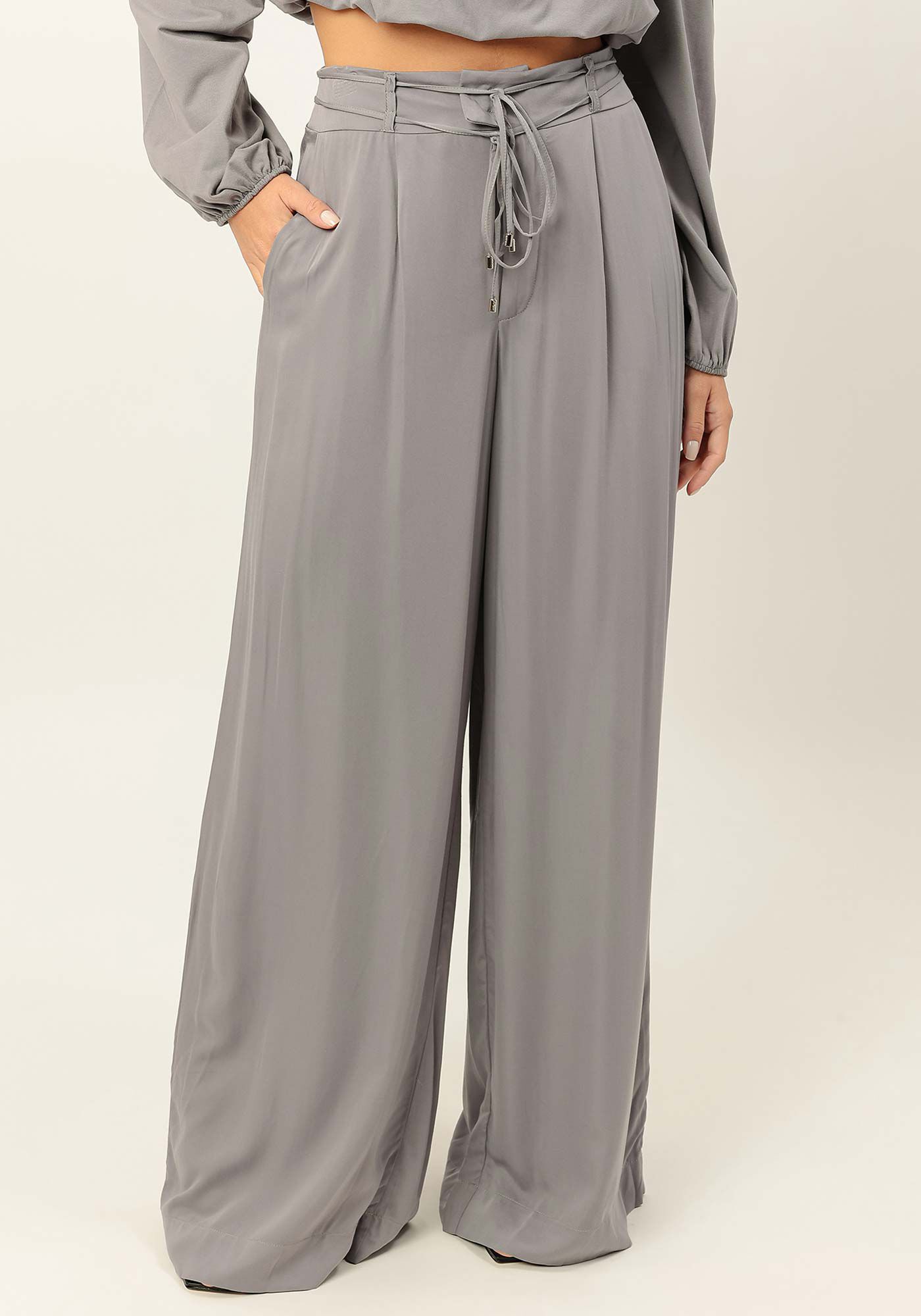 Cal&ccedil;a Pantalona em Tecido Plano com Cinto Cord&atilde;o, CINZA LAVANDER BLUSH, large.