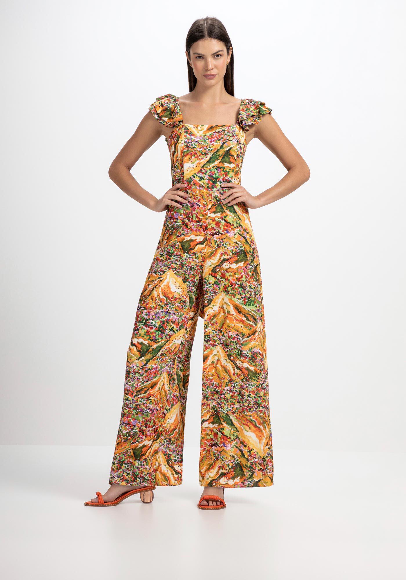 Macac&atilde;o Midi Estampado em Viscose com Babados, , large.