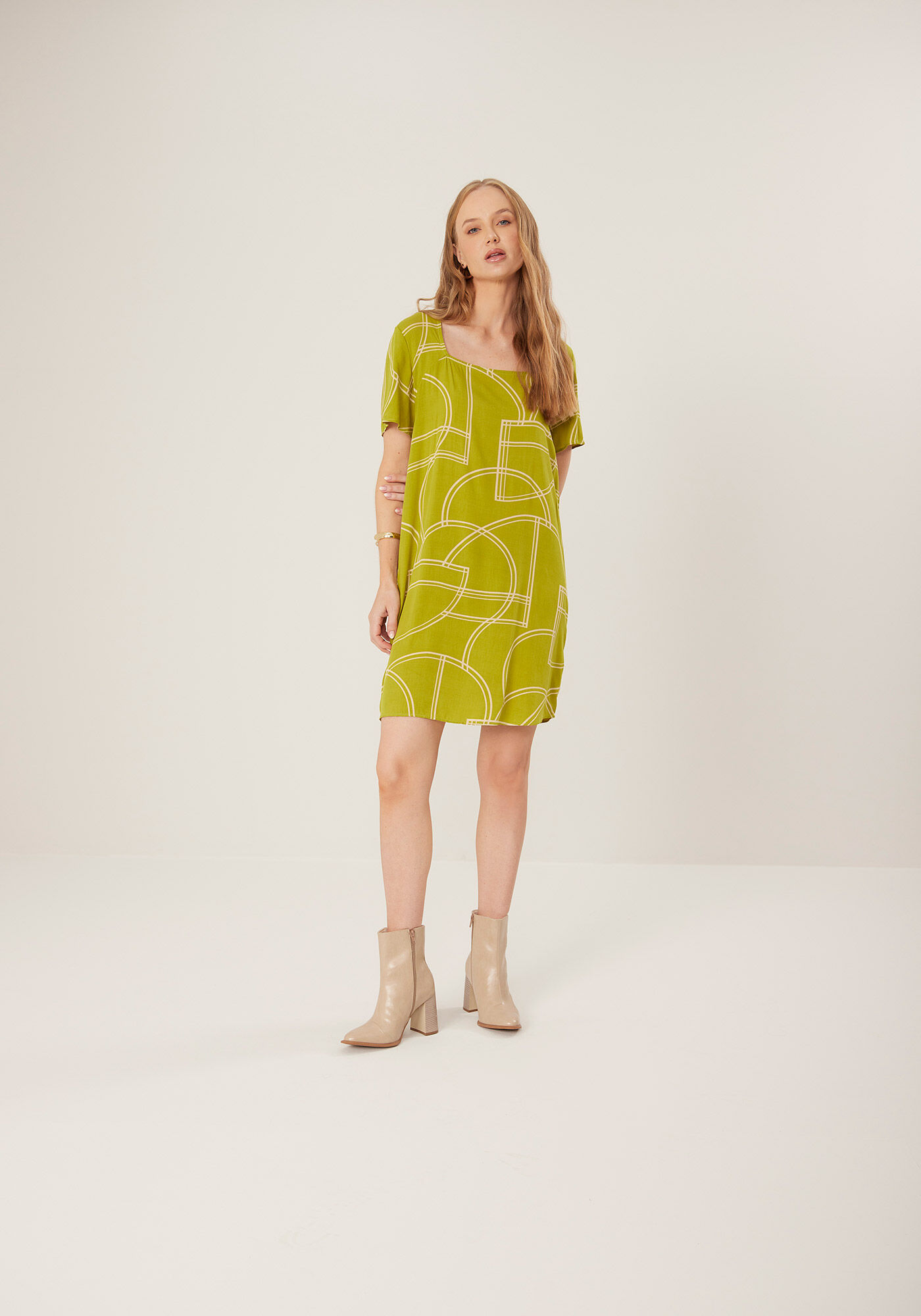 Vestido Curto Estampado De Mangas Com Decote Quadrado, , large.