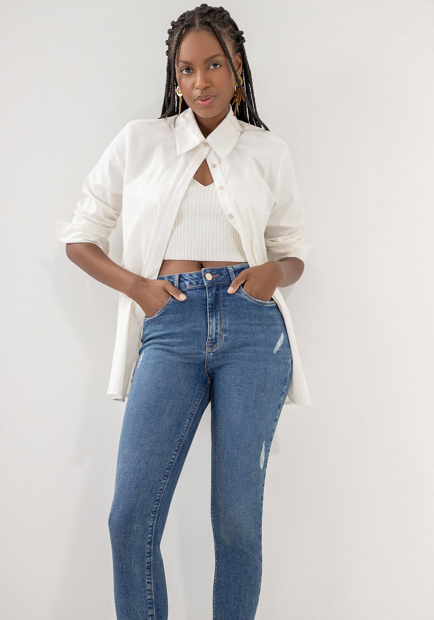 Cal&ccedil;a Jeans Skinny Super Alta com Elasticidade, JEANS, large.