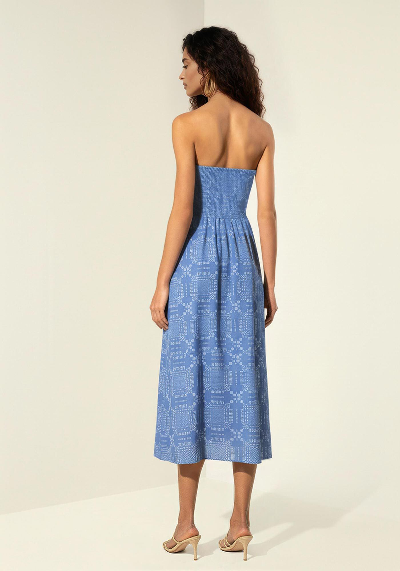 Vestido Midi Estampado Sem Al&ccedil;as Com El&aacute;stico Nas Costas, CHECK AZUL, large.