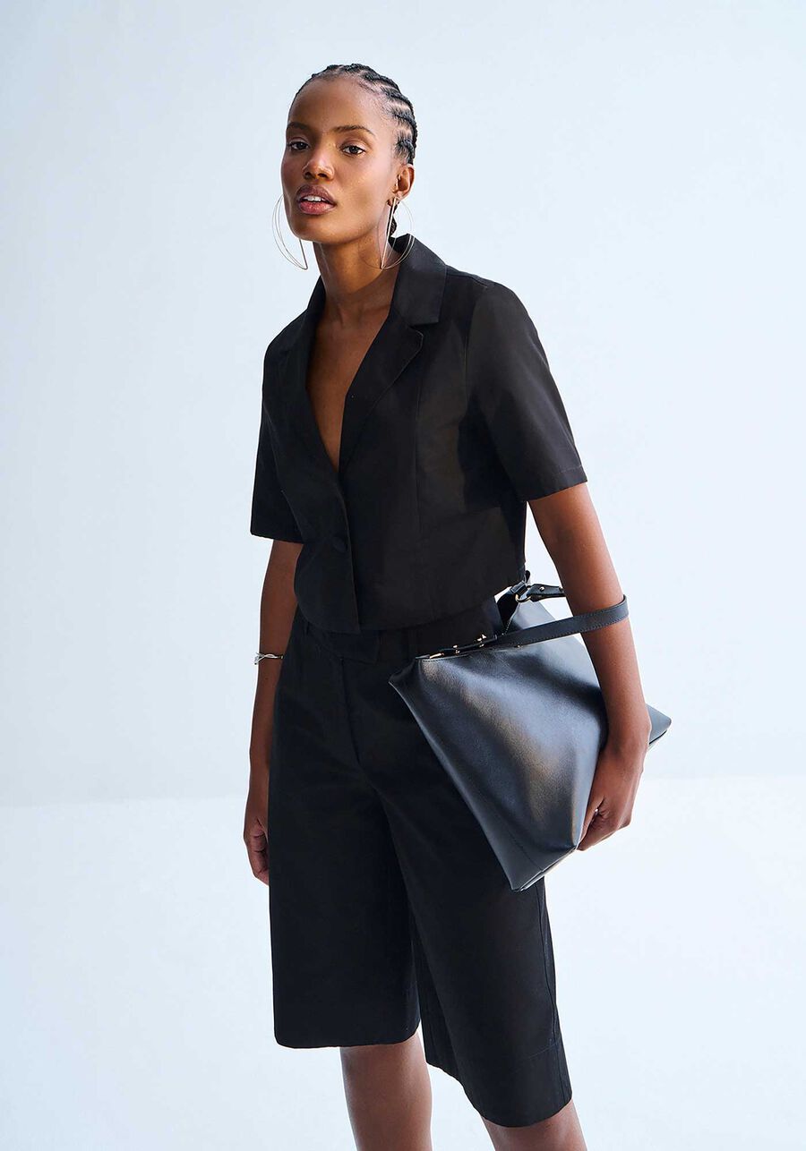 Blusa Cropped Alfaiataria em Cotton Sarjado com Manga Curta, . Blusa Cropped Alfaiataria em Cotton Sarjado com Manga Curta, , large.