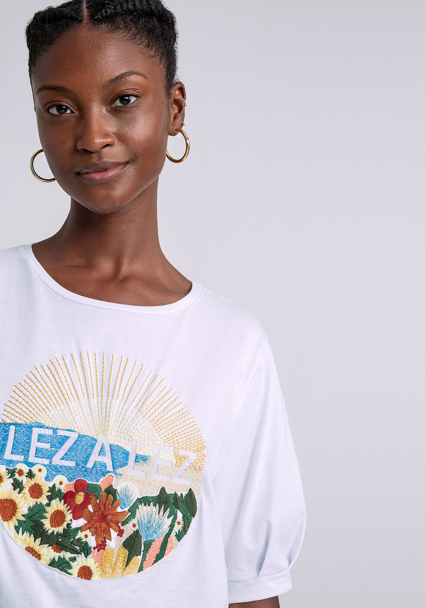 T-shirt Manga Bufante Estampada, BRANCO, large.