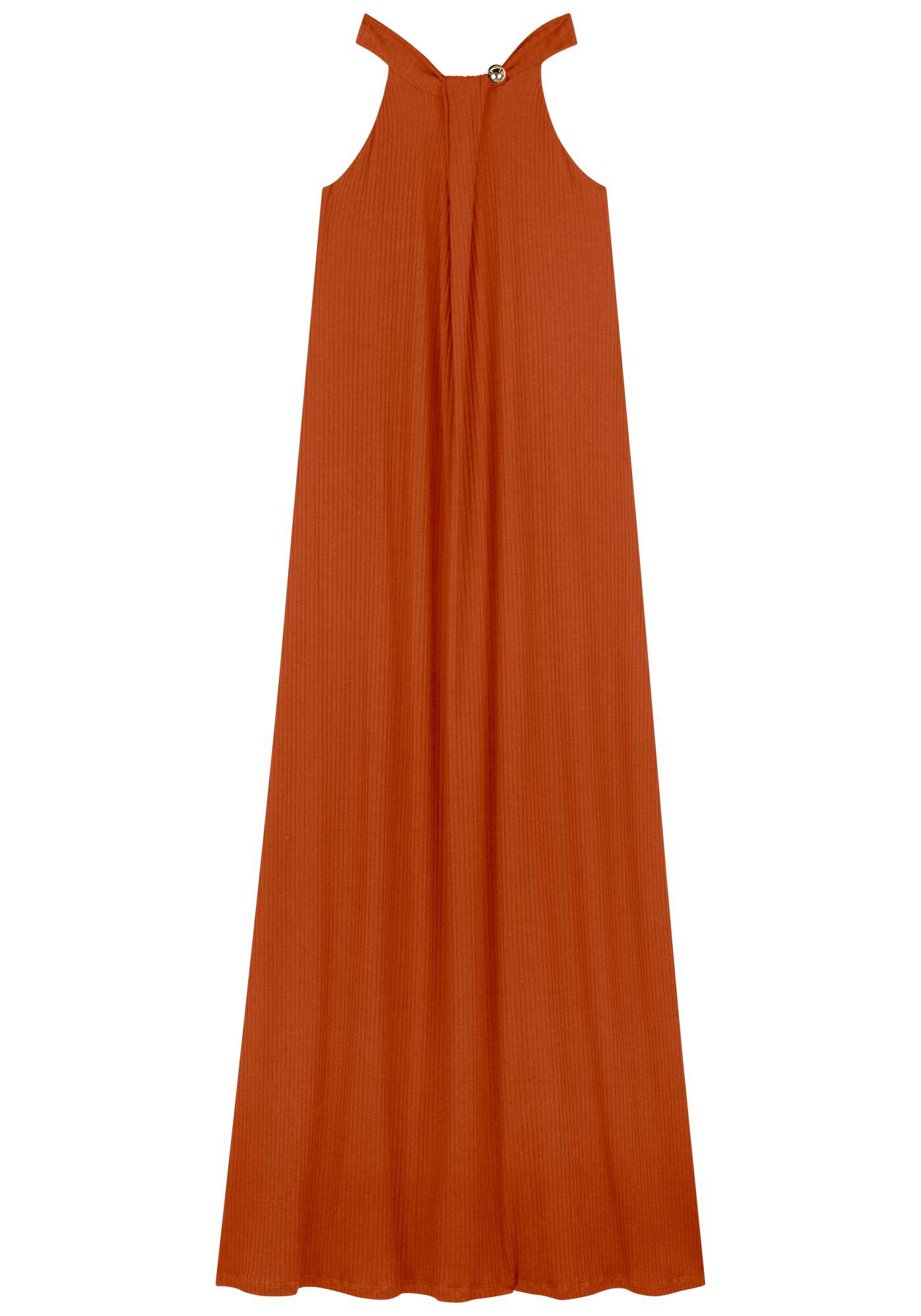Vestido Longo Com Enfeite Na Gola Em Malha Canelada, MARROM SANDALWOOD, large.