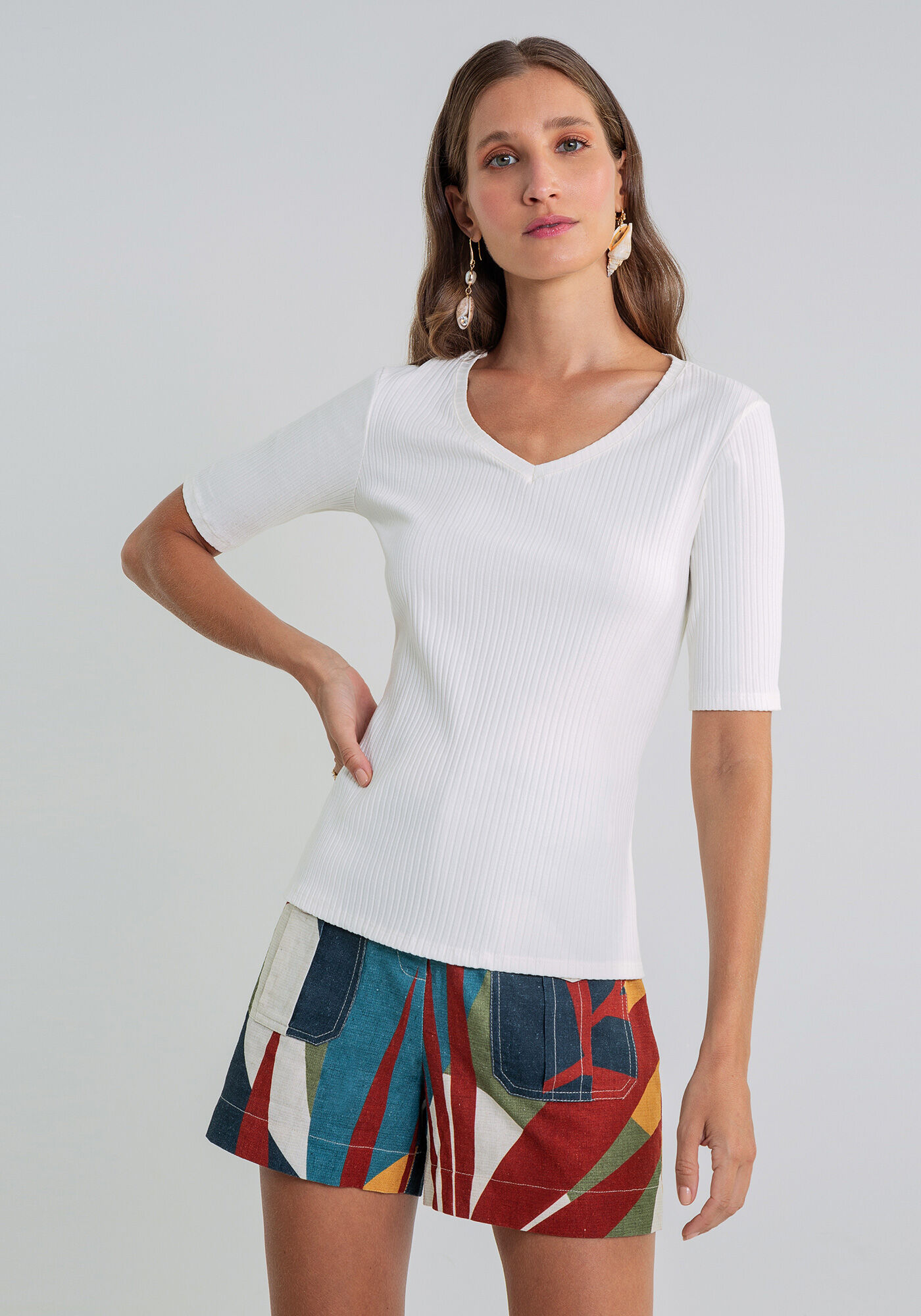 Blusa Manga Curta Decote V, , large.