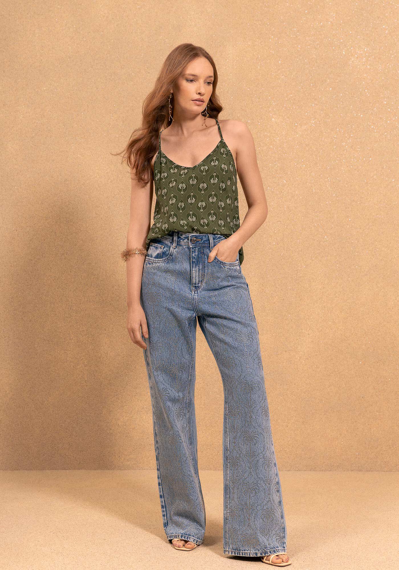 Blusa Regata De Al&ccedil;as Finas Estampada Com Decote Em V, MINI PALM VERDE, large.