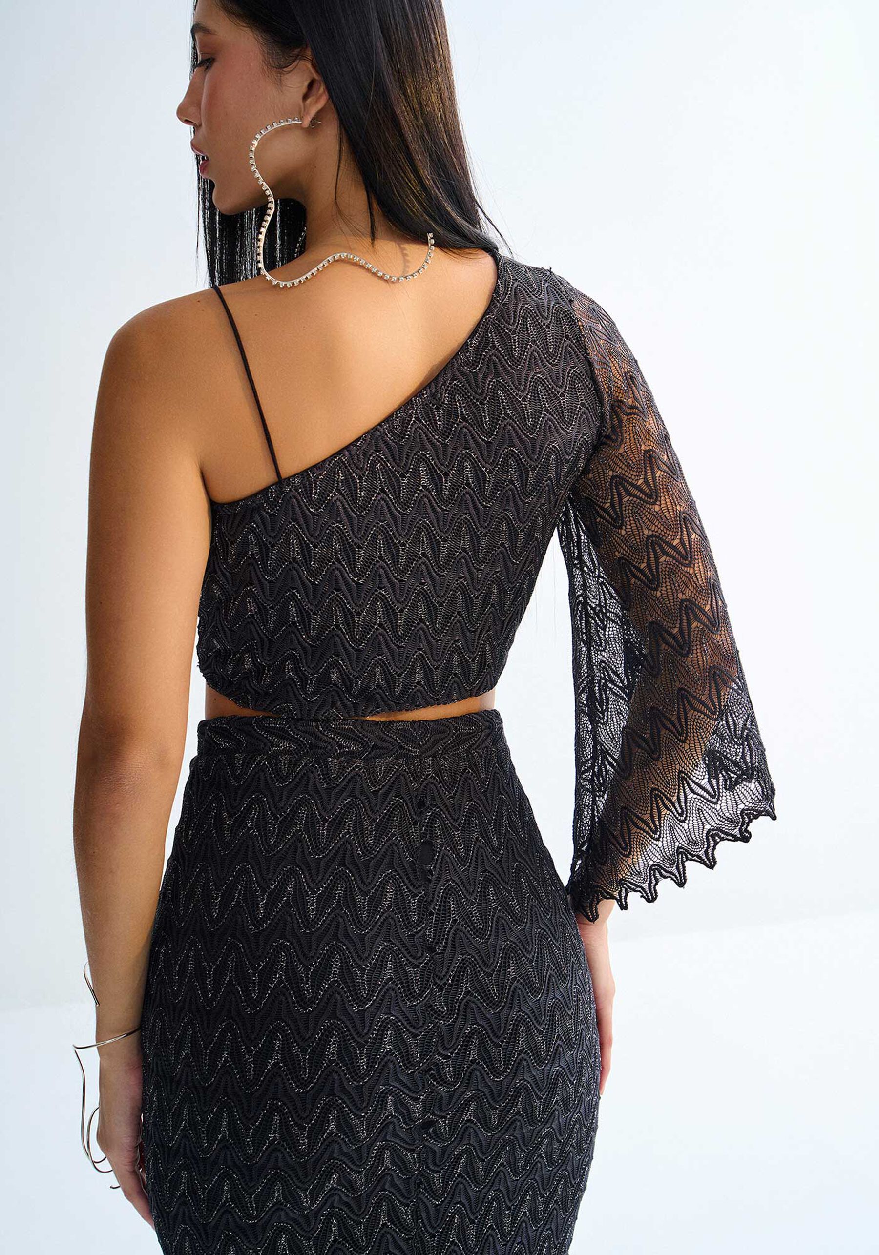 Blusa Cropped Um Ombro Só em Renda Brilho, . Blusa Cropped Um Ombro Só em Renda Brilho, , large.