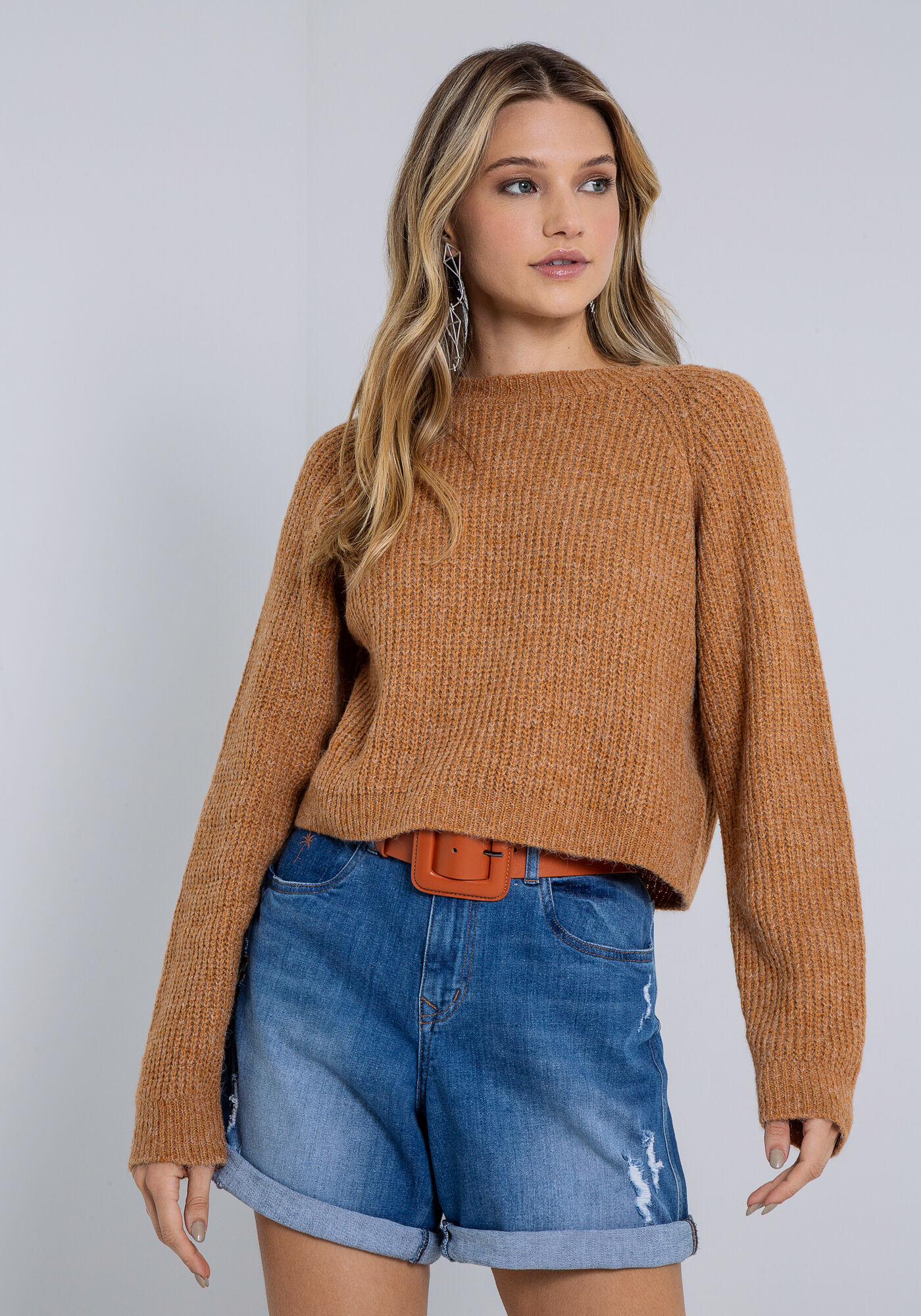 Blusa Manga Longa em Tric&ocirc; Cropped, BEGE MUFFINS, large.