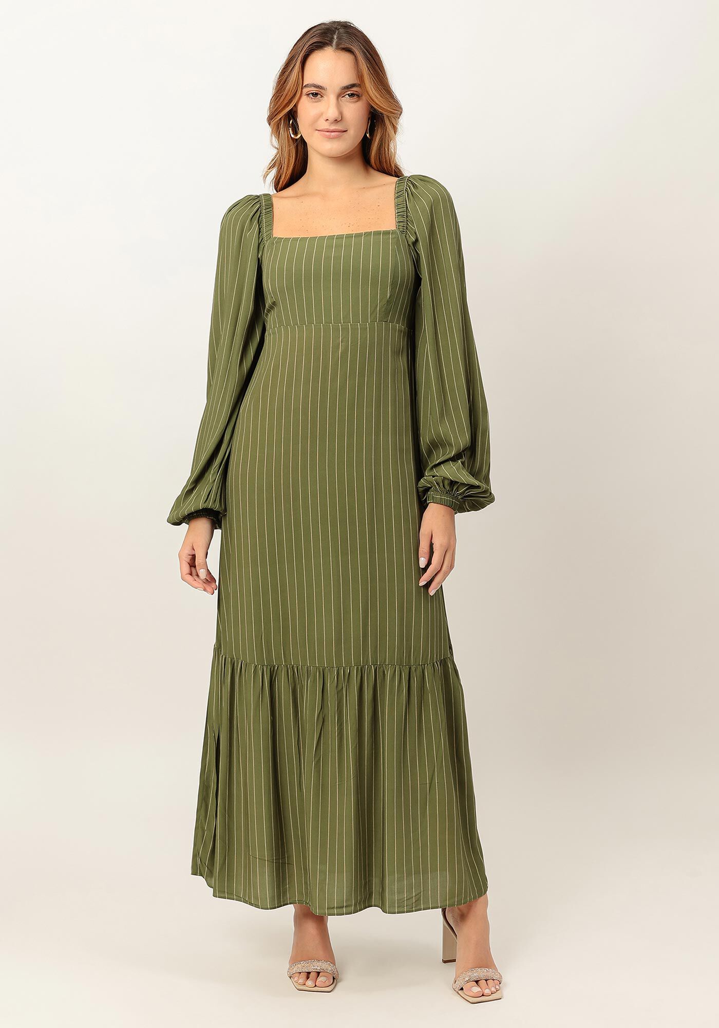 Vestido Midi Estampado com Manga Longa Bufante, , large.