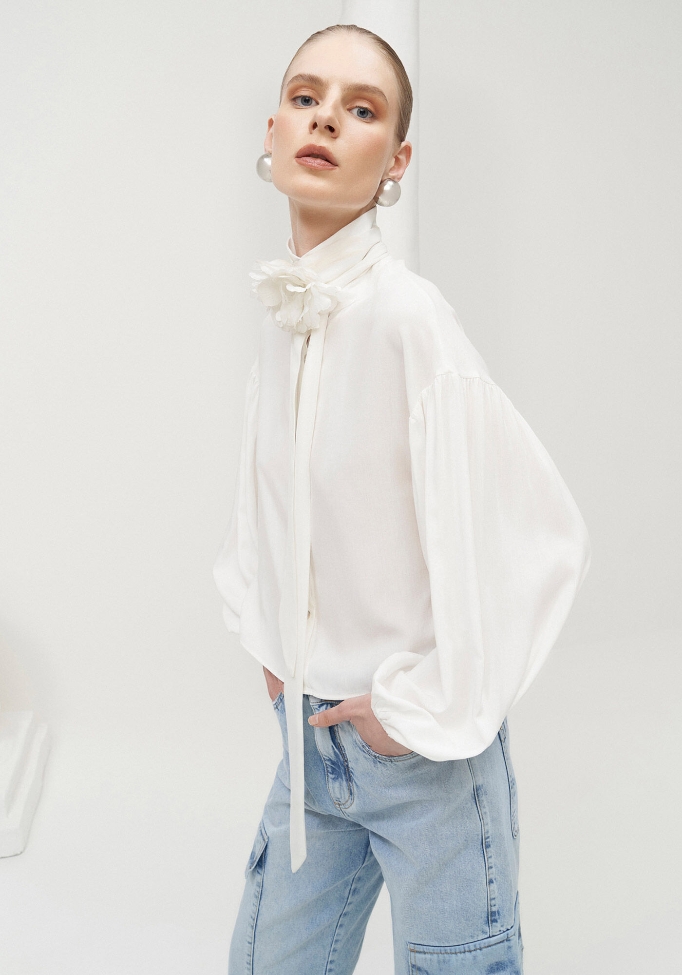 Camisa em Viscose com Manga Longa Bufante, , large.