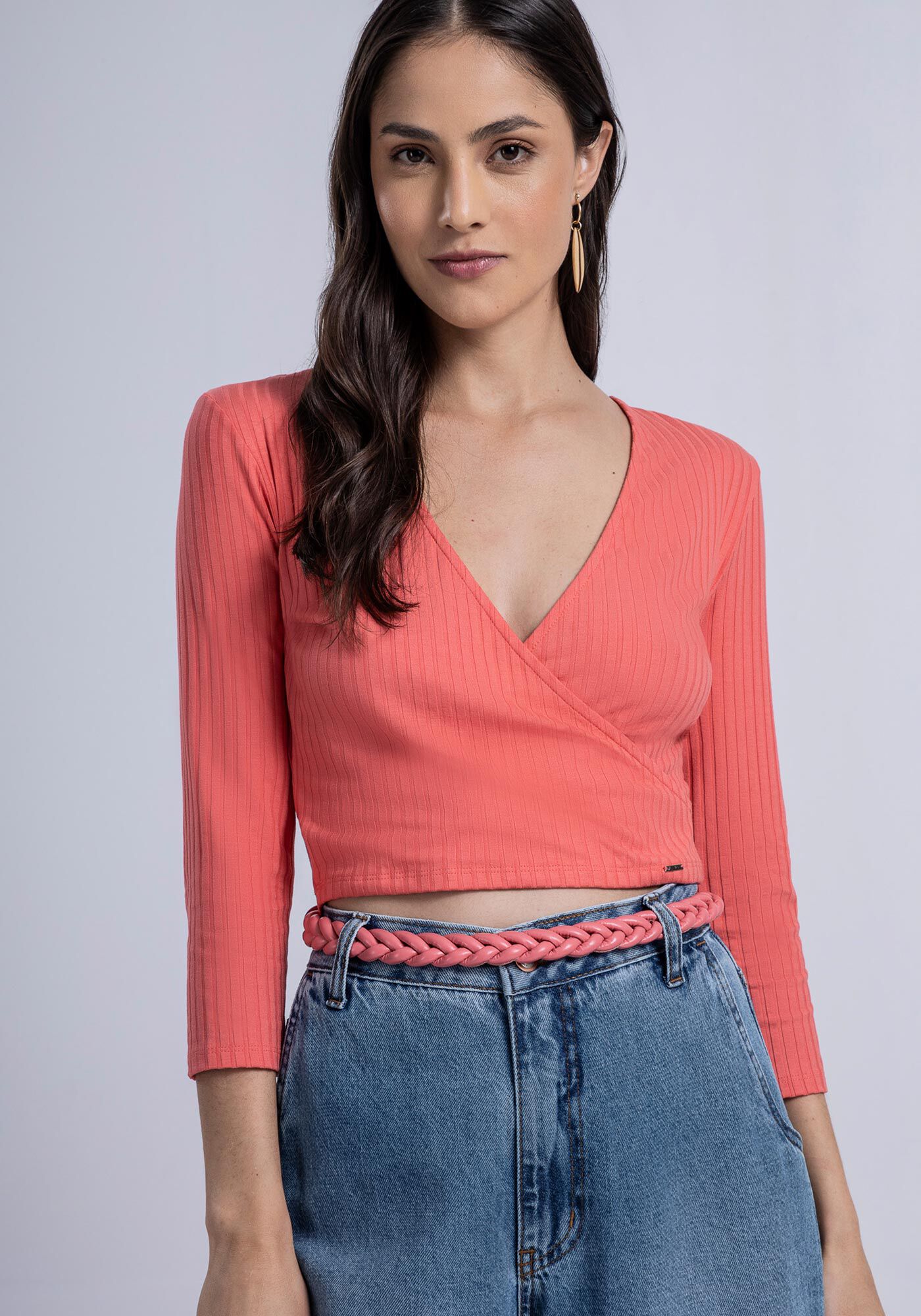 Blusa Manga 3/4 Canelada com Transpasse, , large.