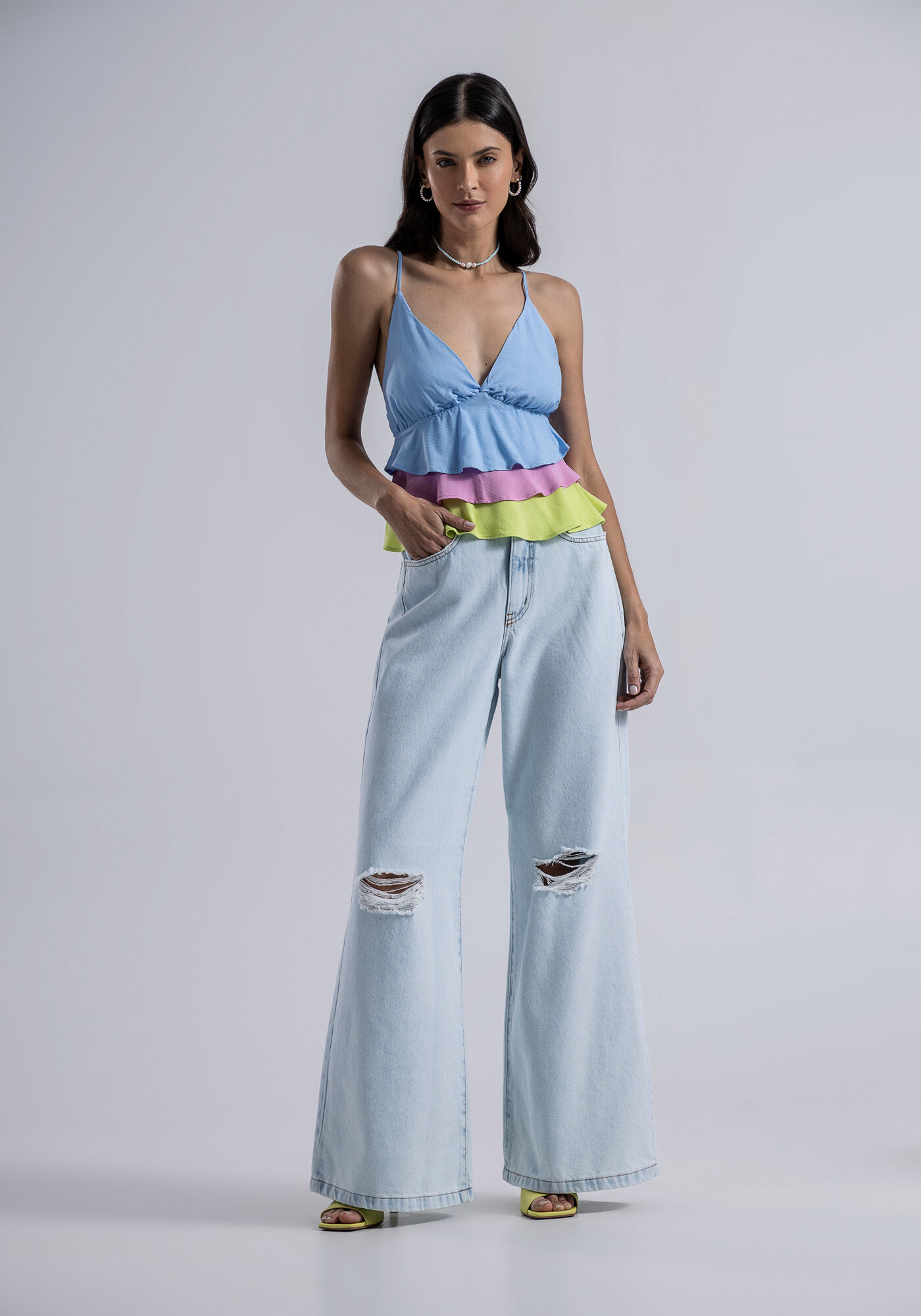 Blusa com Al&ccedil;as em Viscose com Babados Color, , large.