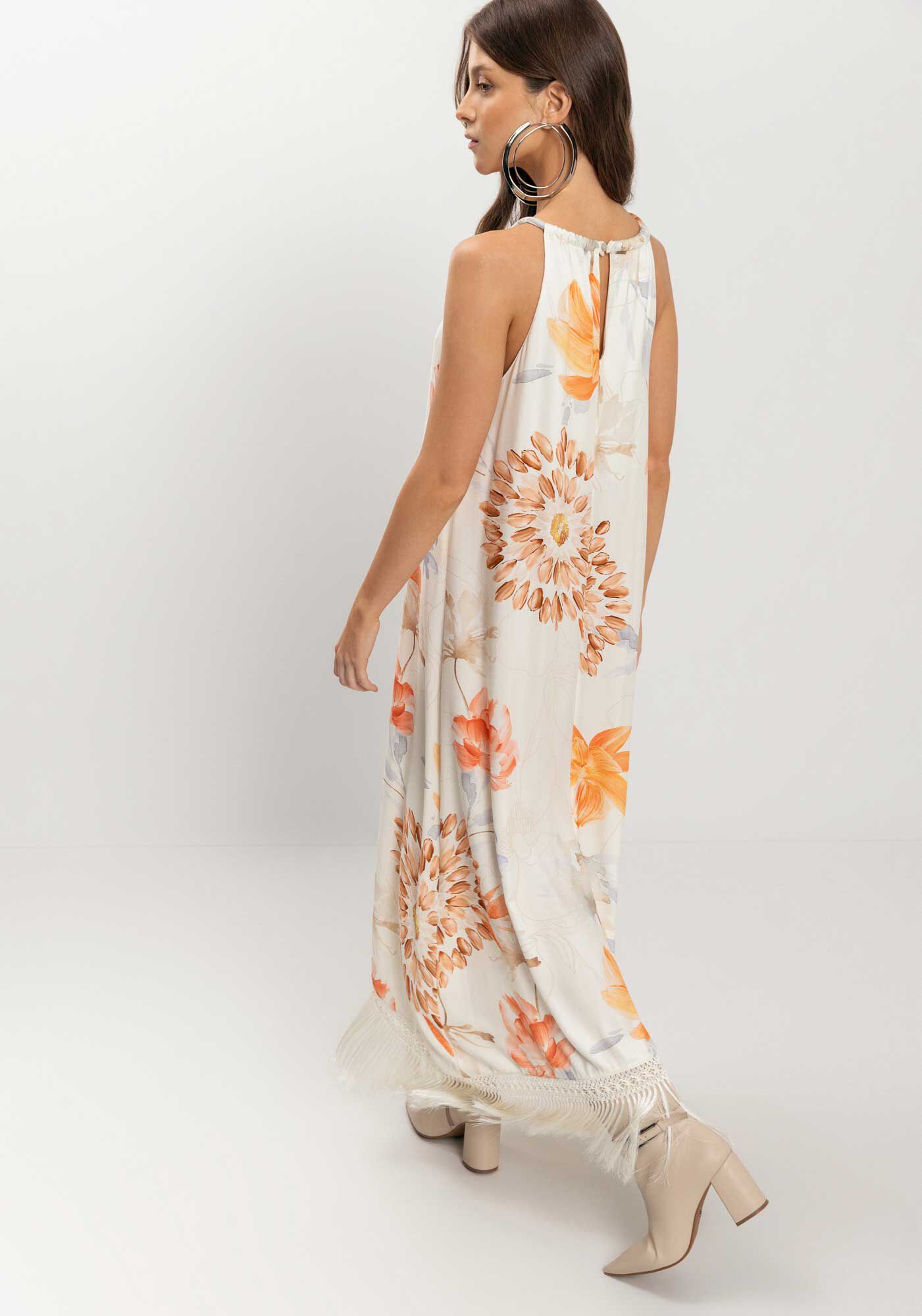 Vestido Longo Estampado Com Franjas Na Barra, , large.