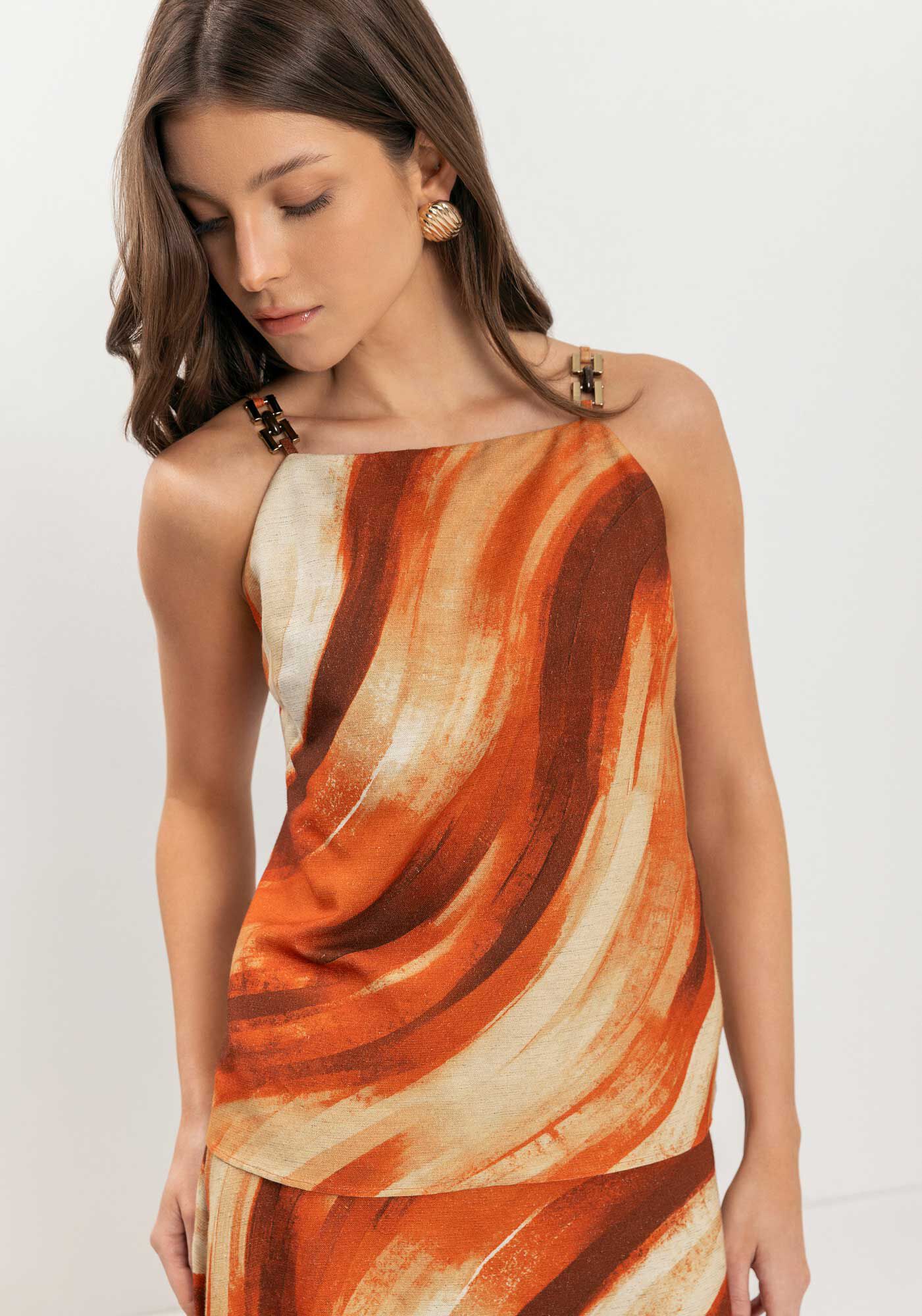 Blusa Estampada Em Viscose Com Enfeite Nas Al&ccedil;as, ART LARANJA, large.