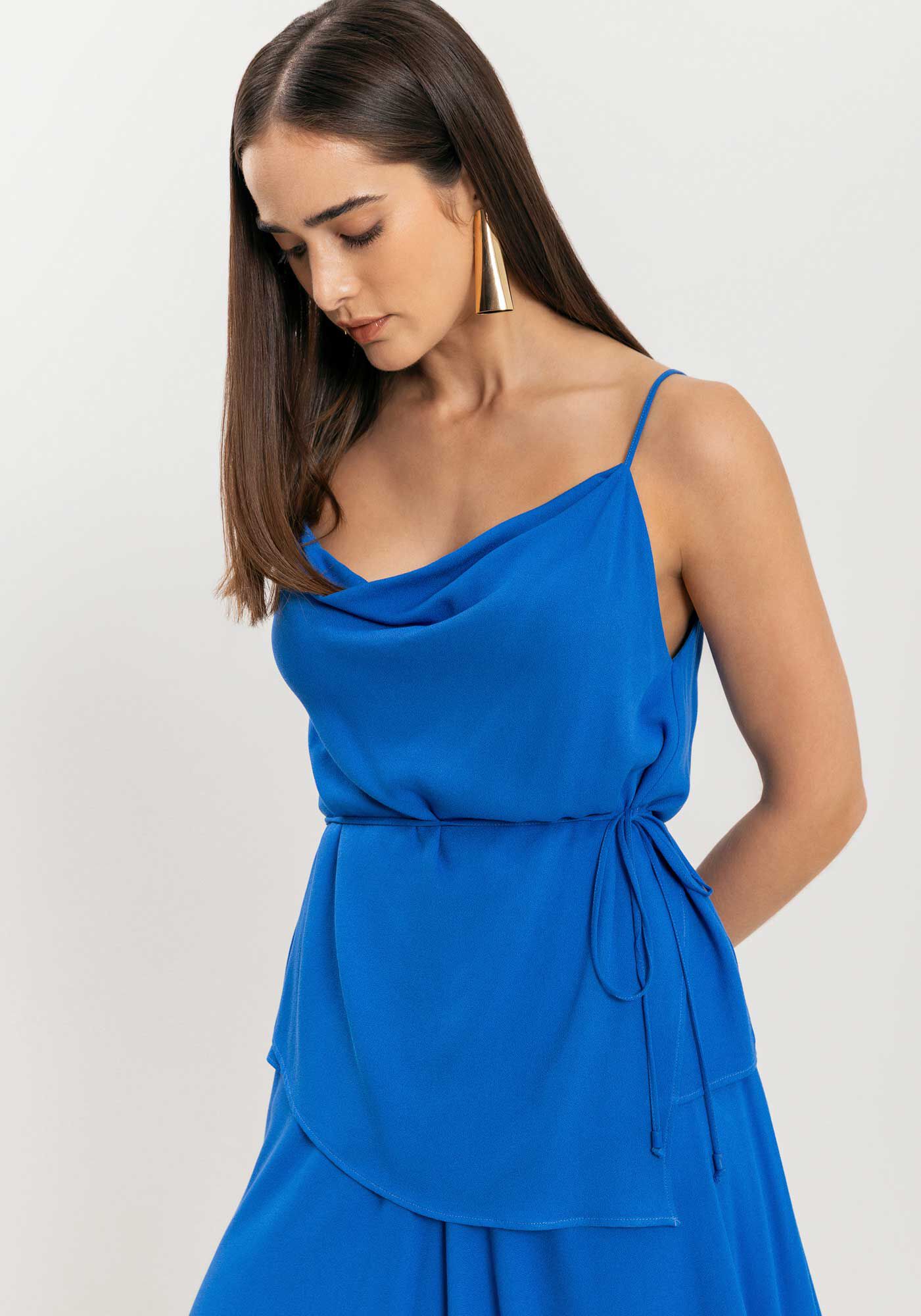 Blusa De Al&ccedil;as Com Decote Degag&ecirc; E Amarra&ccedil;&atilde;o Lateral, AZUL GUILLOTINE, large.