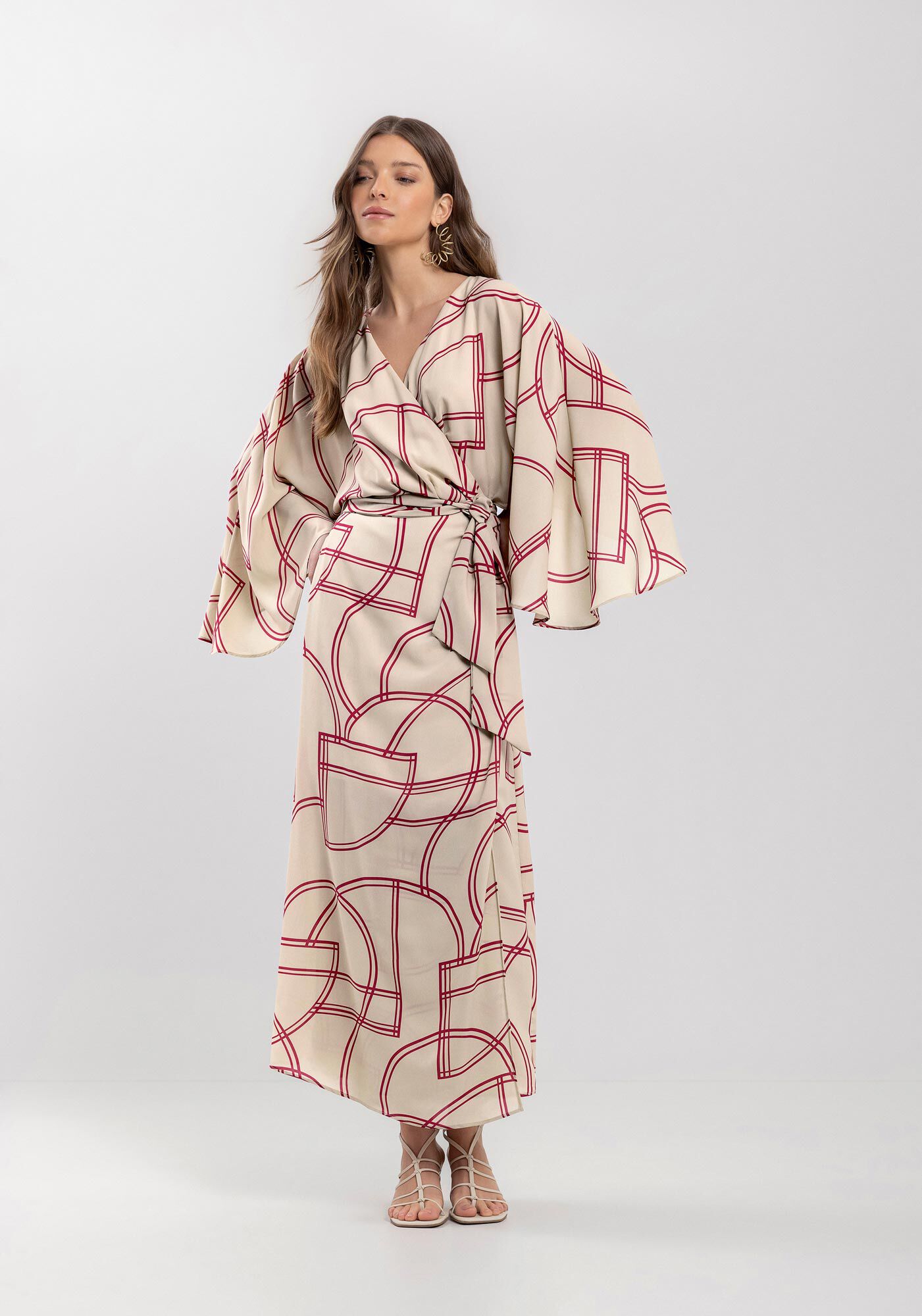 Vestido Estampado Midi Ch&aacute; De Mangas Amplas Com Faixa, MOVEMENT BEGE, large.