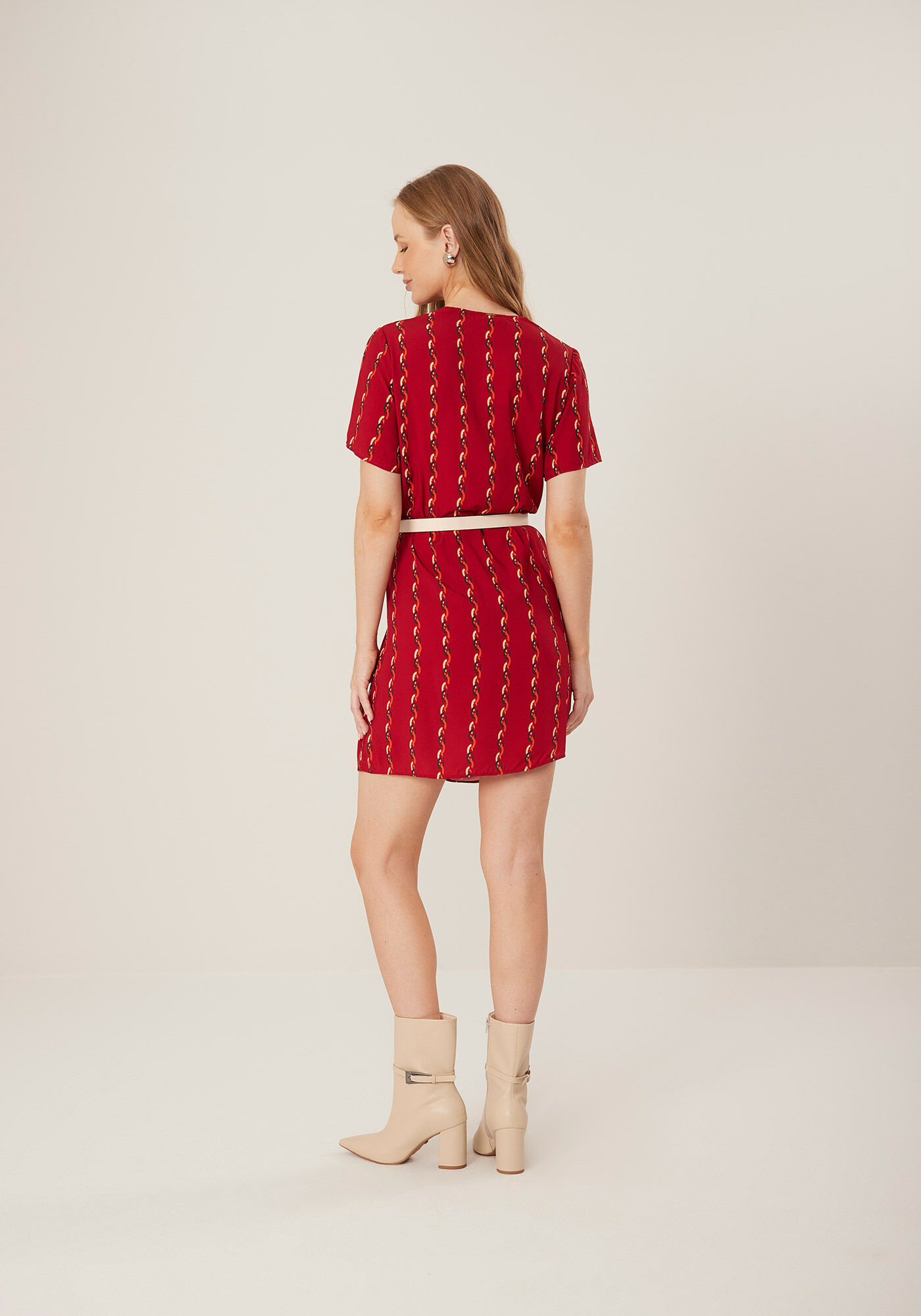 Vestido Curto Estampado De Mangas Com Decote Quadrado, , large.