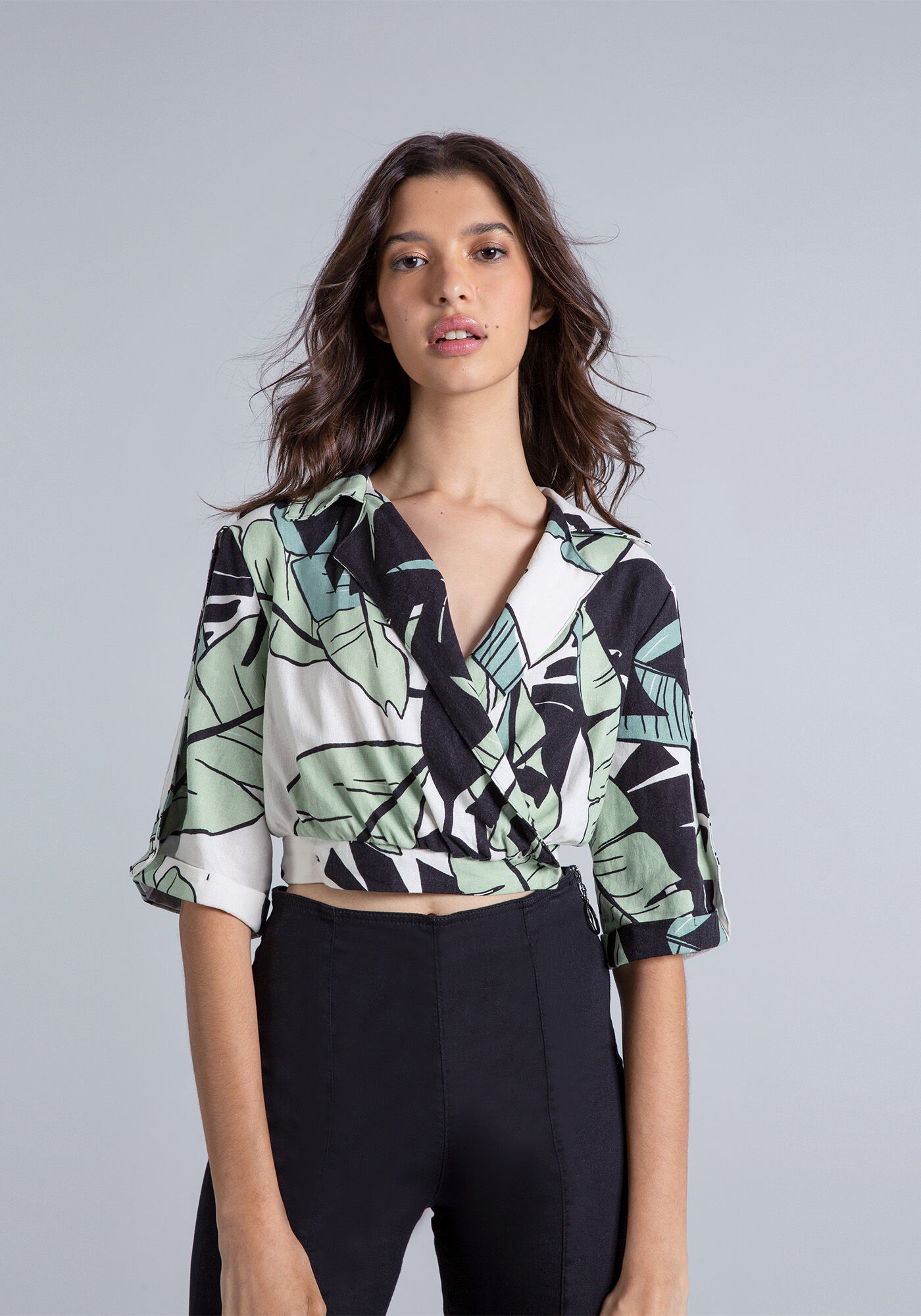 Blusa Cropped Linho Estampa, , large.