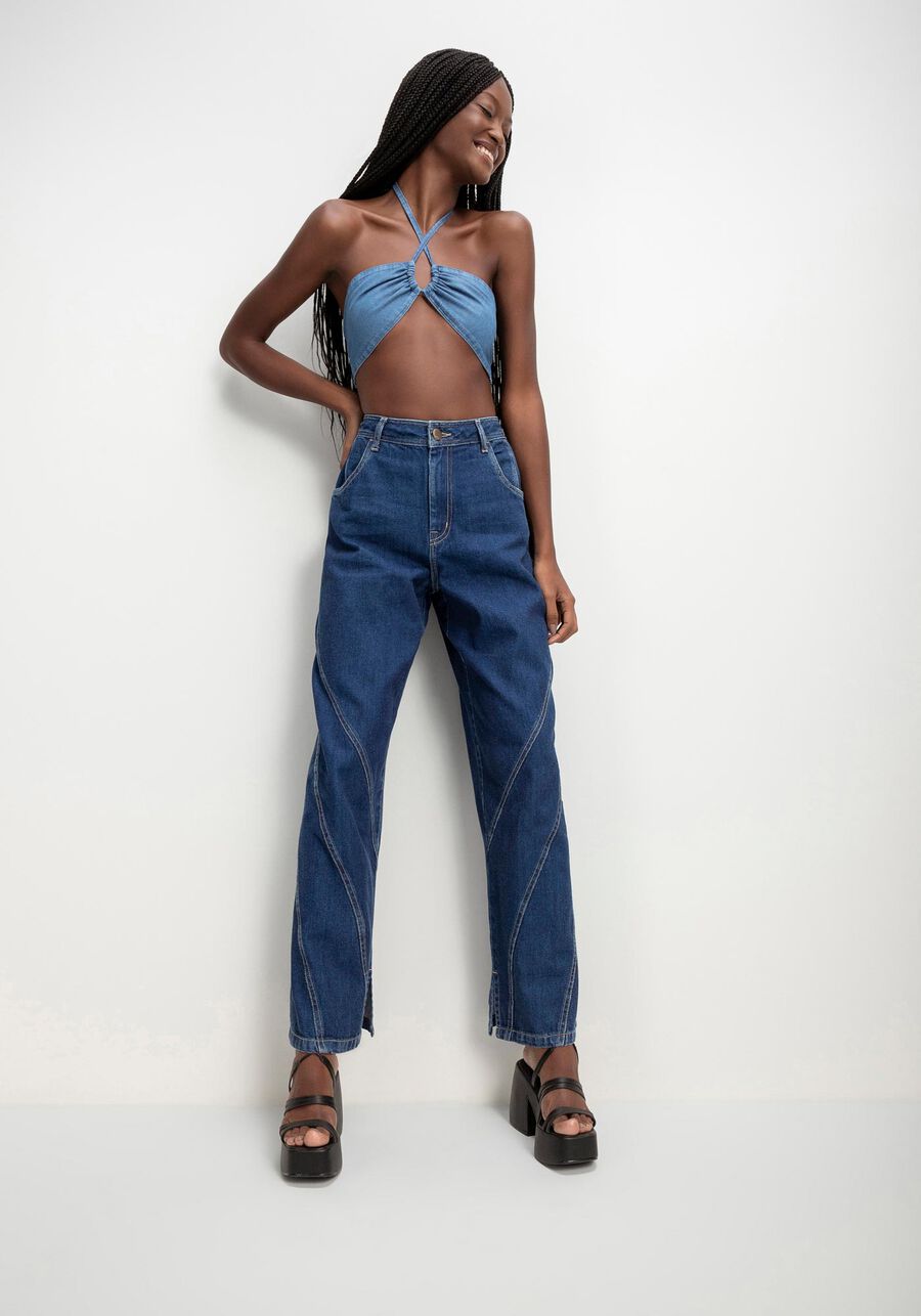 Calça Jeans Wide Leg com Pespontos, JEANS. Calça Jeans Wide Leg com Pespontos, JEANS, large.