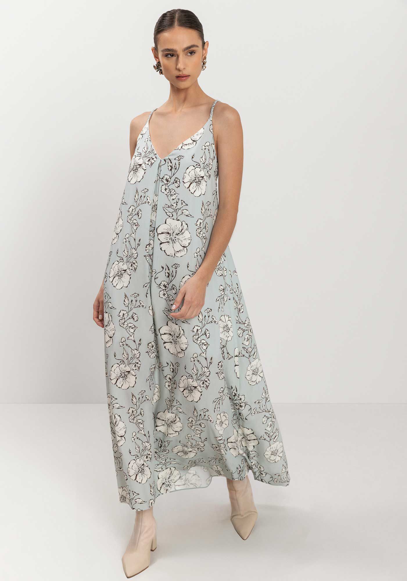 Vestido Longo Estampado Fluido De Al&ccedil;as Com Decote Em V, , large.