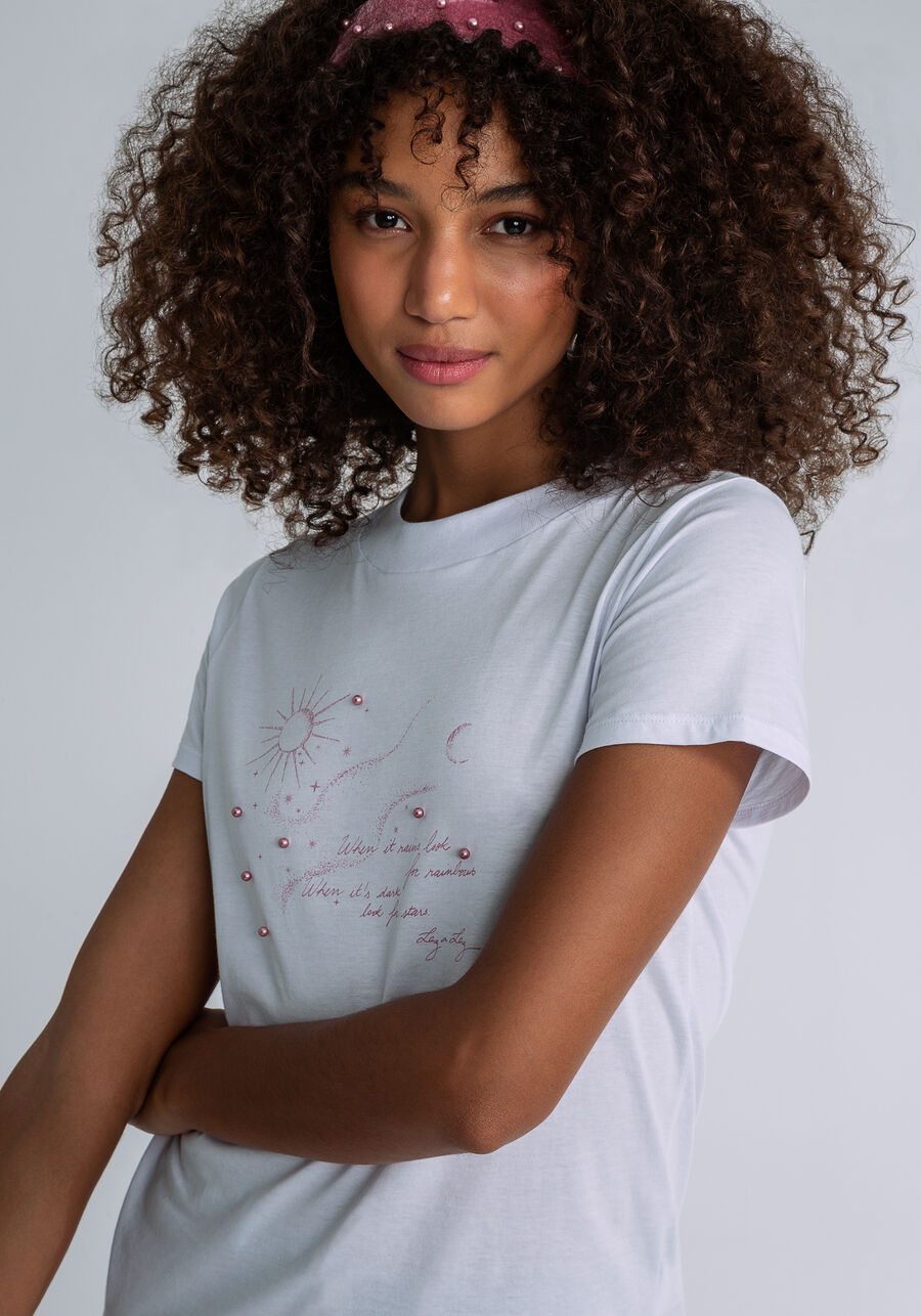 T-shirt Pérolas Faixa Veludo, BRANCO. T-shirt Pérolas Faixa Veludo, BRANCO, large.