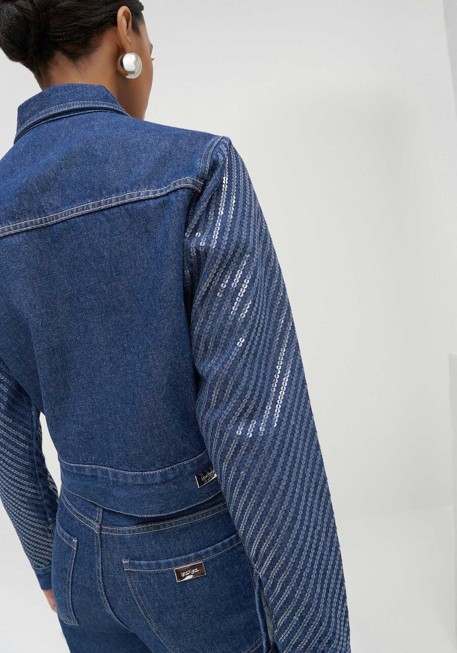 Jaqueta Jeans com Bolsos e Paetês, JEANS. Jaqueta Jeans com Bolsos e Paetês, JEANS, large.