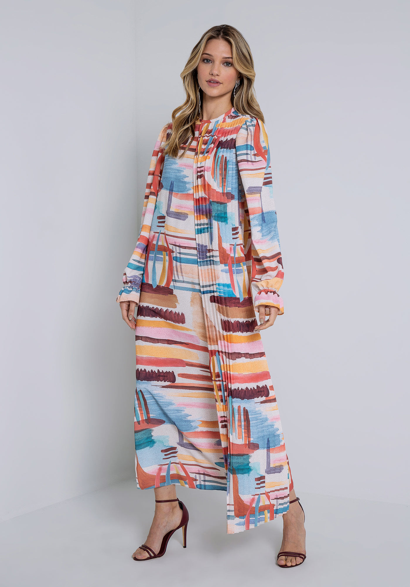 Vestido Midi em Tecido Poly com Recorte Plissado, , large.