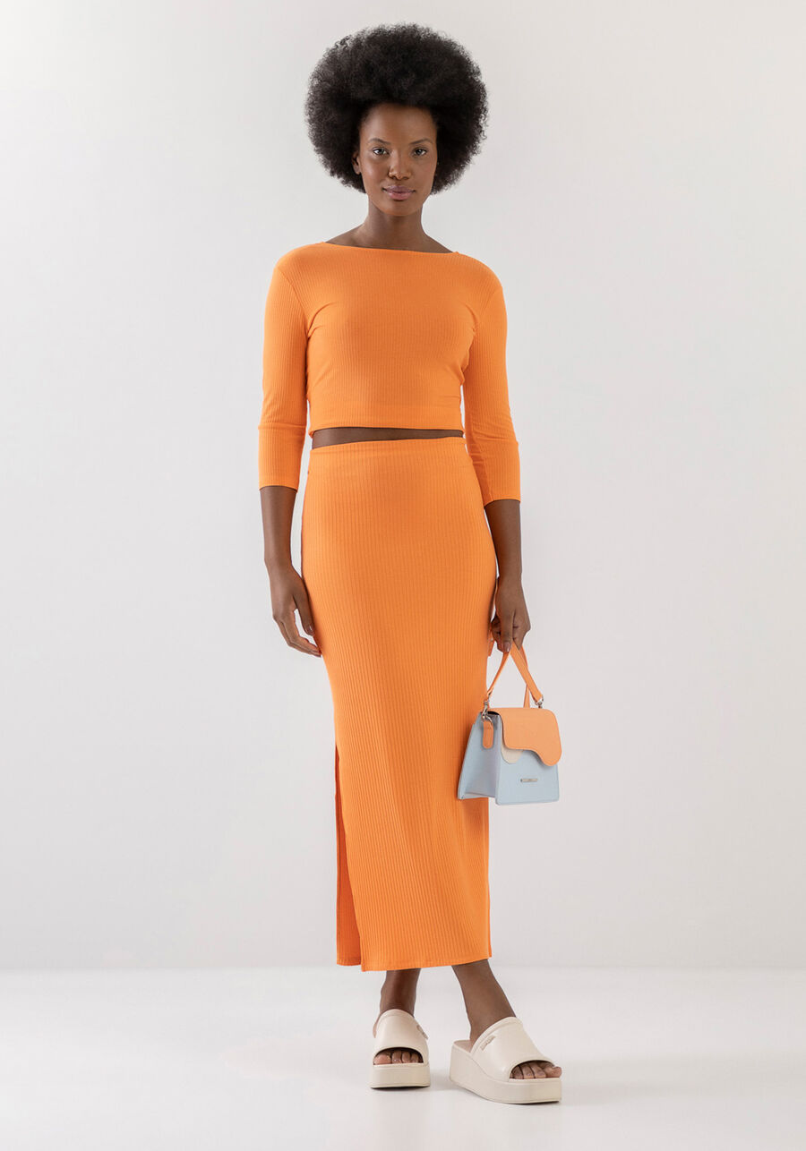 Saia Midi Canelada Justa com Fenda, LARANJA STRING. Saia Midi Canelada Justa com Fenda, LARANJA STRING, large.