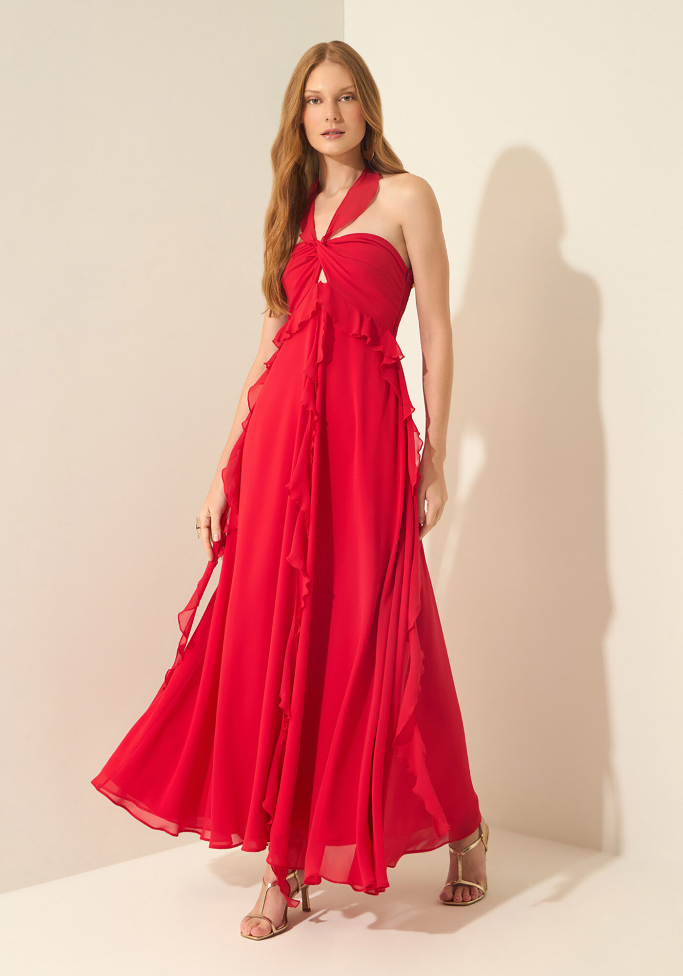 Vestido Longo Frente &Uacute;nica Com Babados, VERMELHO POWER, large.