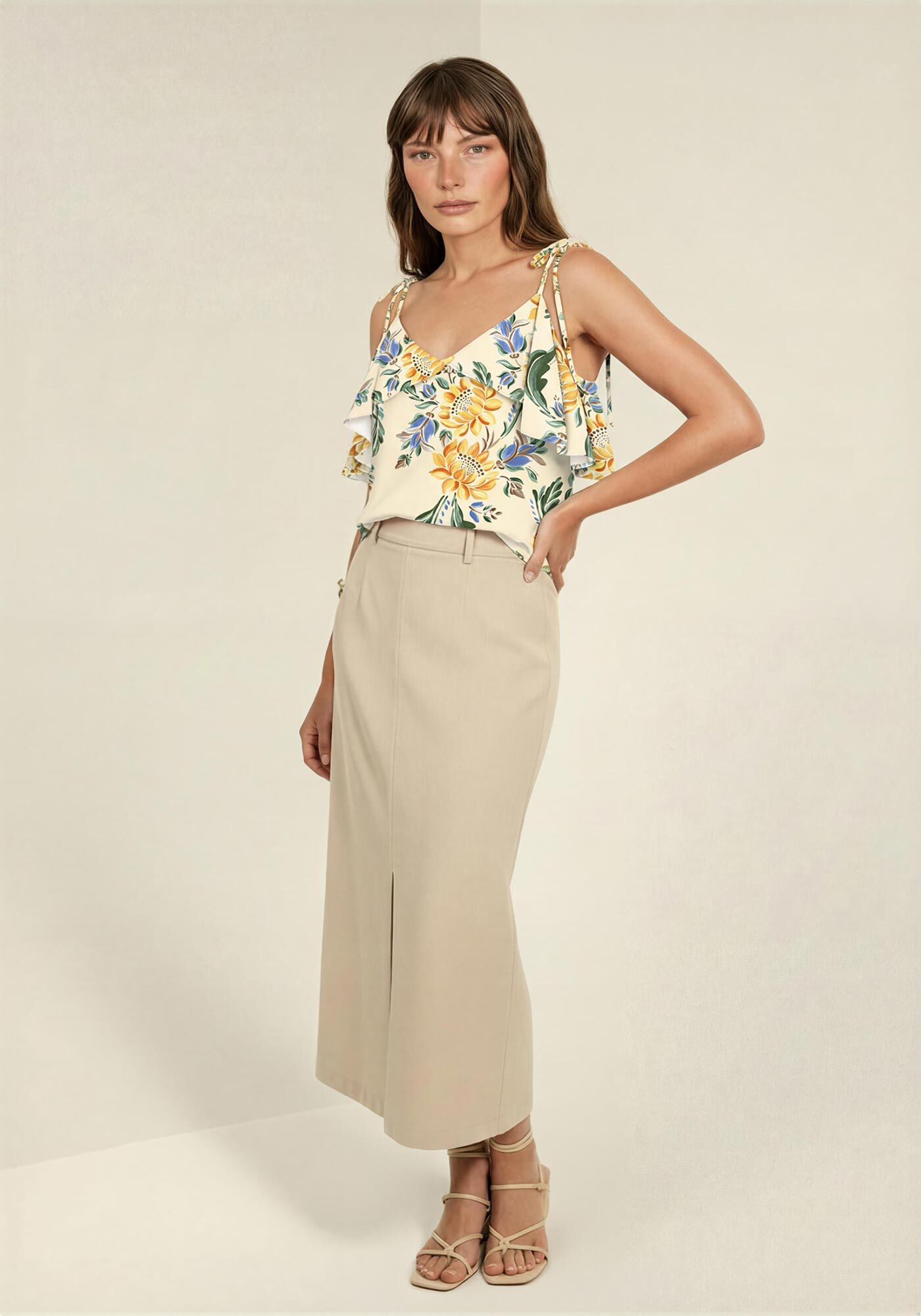 Blusa Fluida Estampada Com Babados E Al&ccedil;as De Amarrar, SUNFLOWER AMARELO, large.